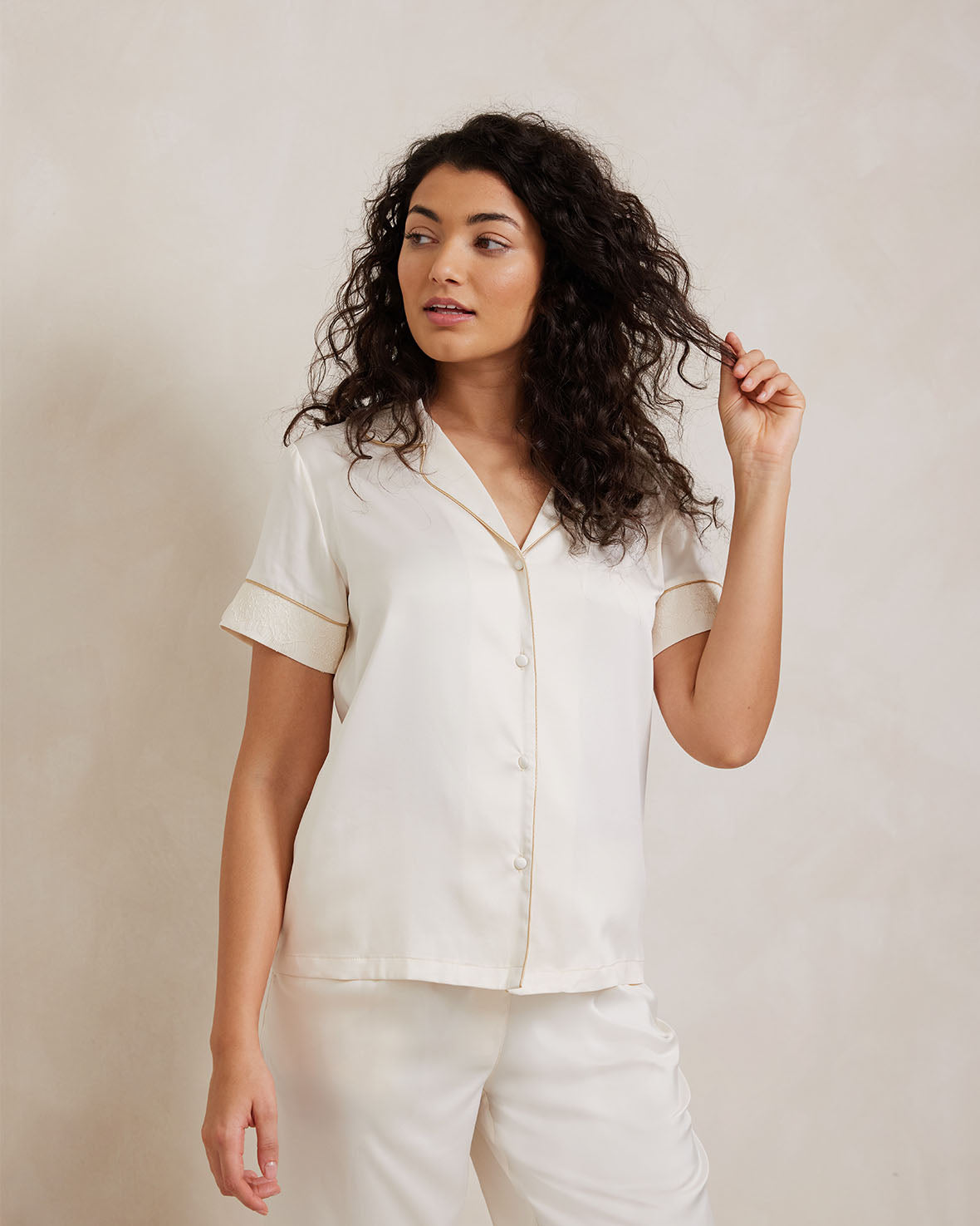 Satin Lace Trim Short Sleeve Long Pajama Set for Women - Ivory - Soft Comfortable Sleepwear for Nightwear, Lounge Wear & Relaxation at Home