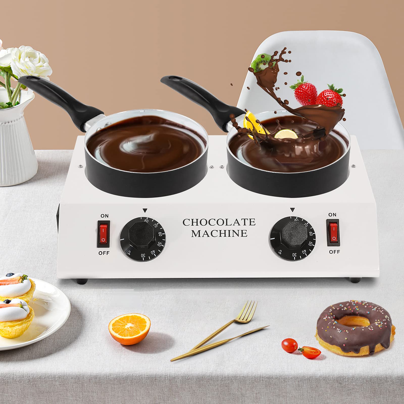 Dyna-Living Electric Chocolate Melting Pot - Double Head Tempering Machine for Chocolate, Cheese, Butter, Cream & Candy | Perfect for Fondue, Baking, Coffee Shops & Candy Making