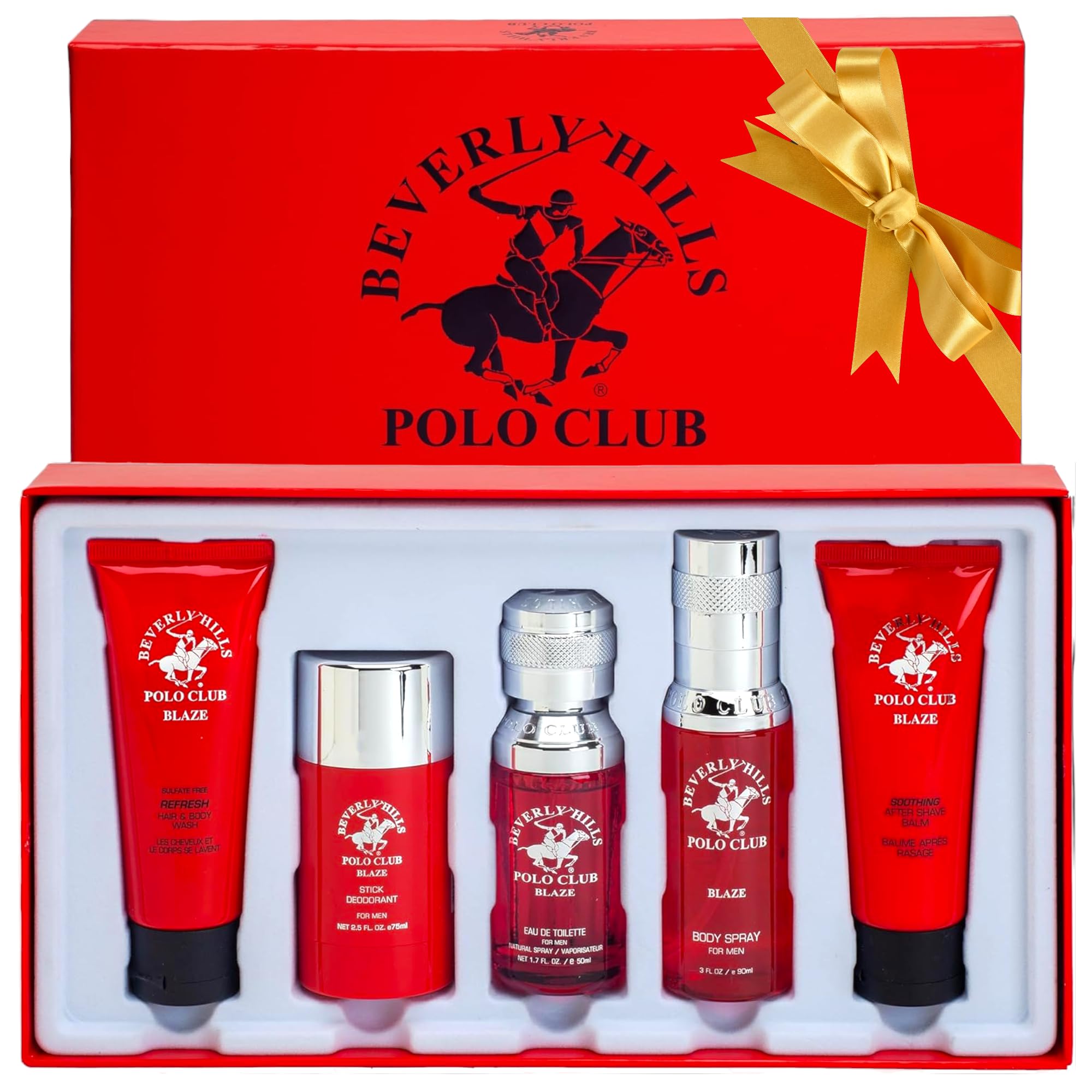 Beverly Hills Polo Club BHPC Cologne 5-Piece Gift Set for Men – Eau de Toilette, Deodorant, Shower Gel, Body Wash & Body Spray | Premium Fragrance Set in Blaze Scent – Perfect for Gifting, Travel & Daily Use