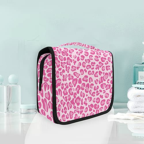 OTVEE Hanging Toiletry Bag for Women - Pink Leopard Print Travel Cosmetic Organizer & Makeup Case - Perfect for Vacation, Gym, and Business Trips