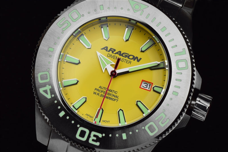 ARAGON Divemaster NH35 Automatic Diver Watch - 50mm Stainless Steel Case with Bracelet, Yellow Dial (Model A057YEL) - Perfect for Scuba Diving, Water Sports & Outdoor Adventures