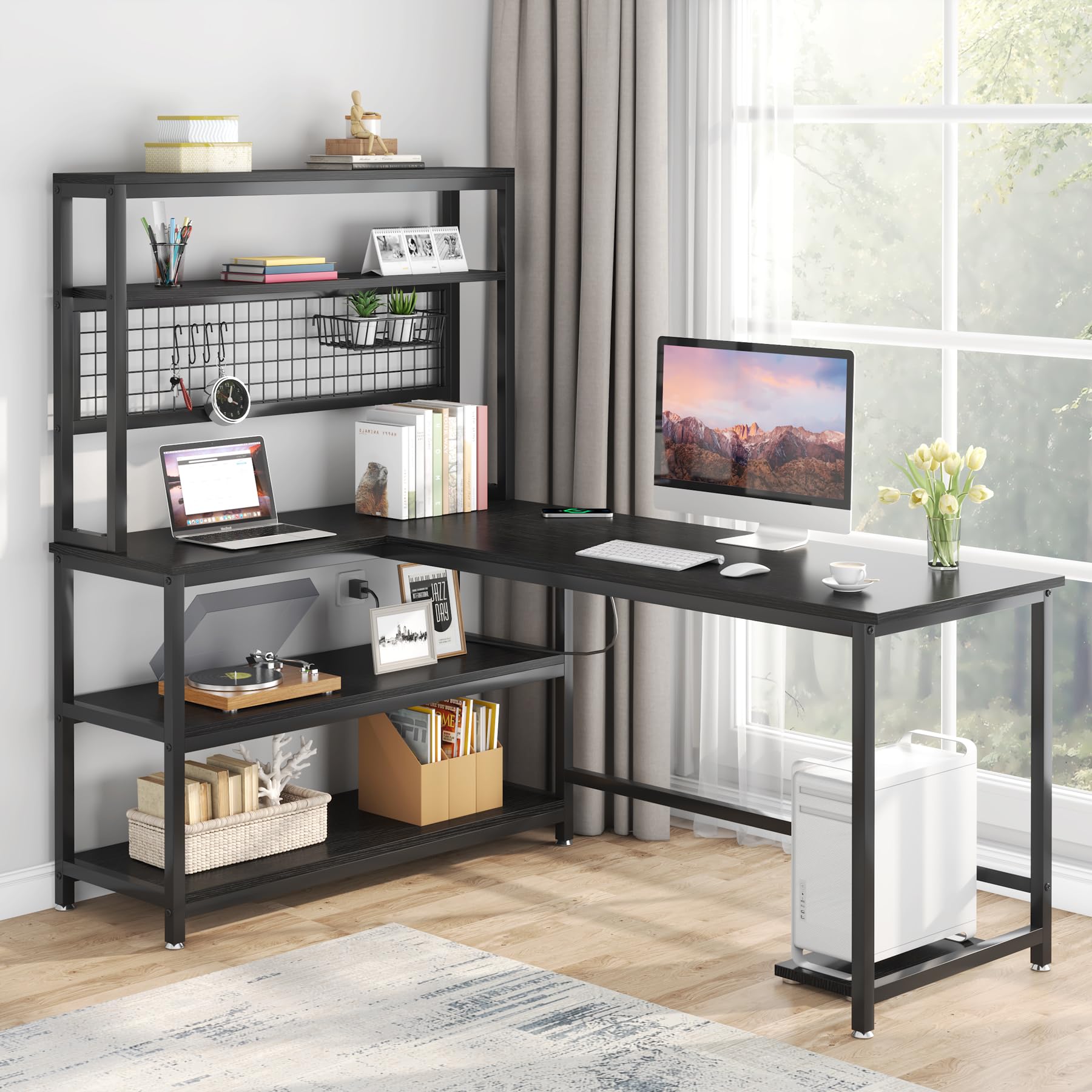 Tribesigns 55 Inch Large Computer Desk with Wireless Charging & 5 Storage Shelves - Home Office Desk, Study Table, Writing Desk Workstation with Hutch Bookshelf (All Black) - Perfect for Remote Work, Gaming & Small Space Home Offices