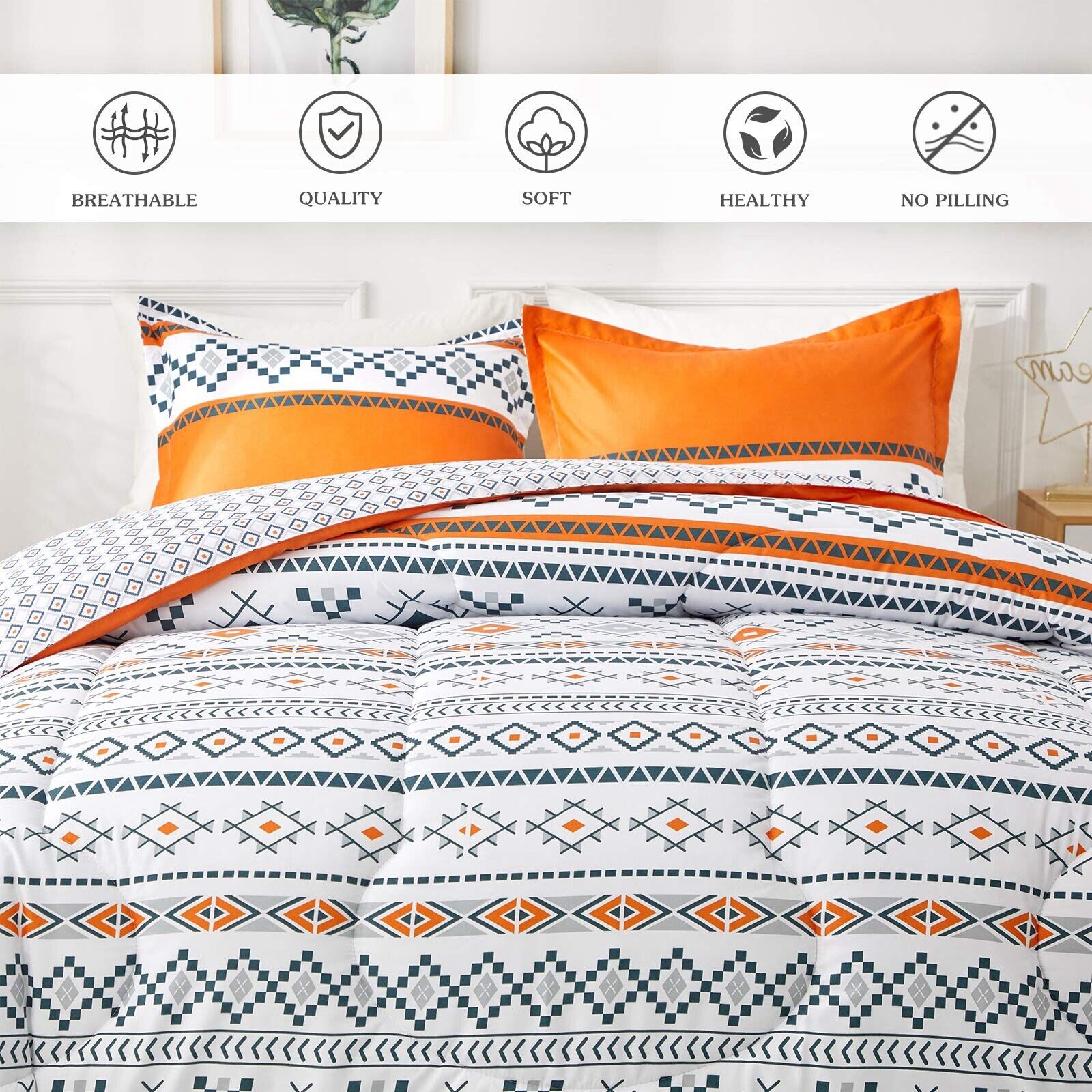 Boho Comforter Set Queen Size - Reversible Orange Geometric 3-Piece Bedding Collection for Cozy Bedroom Decor & Bohemian Style Home