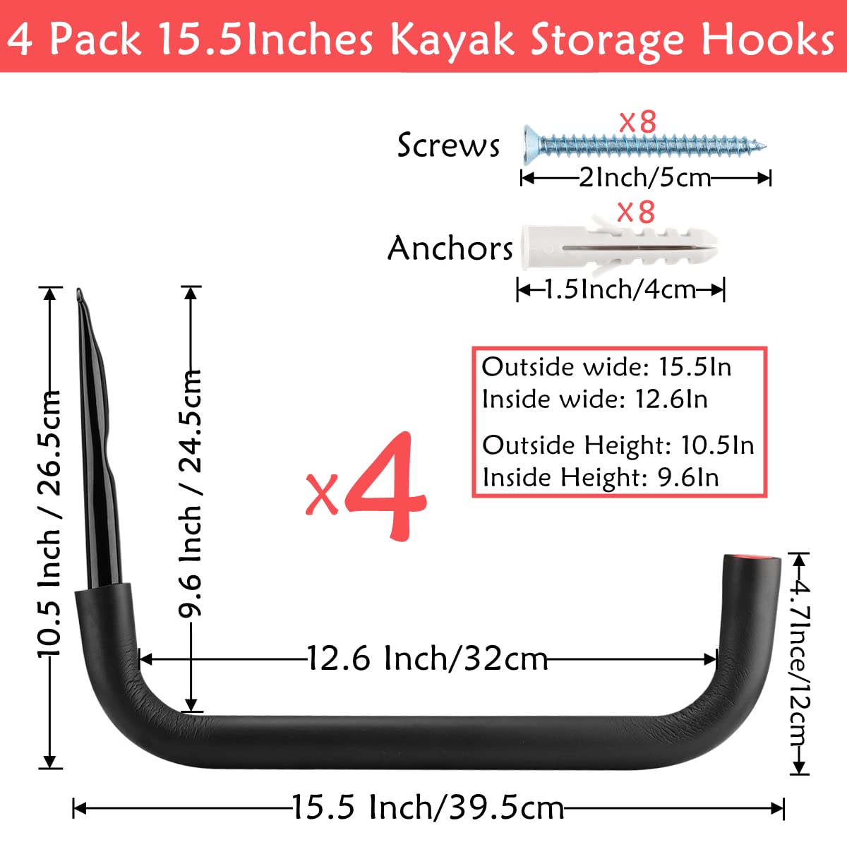 Heavy Duty 15.5 Inch Garage Storage Kayak Hooks - Wall Mounted Rack for Canoe, Paddleboard, Surfboard, Snowboard, Ladders & Bikes (Black/Red, 15.5