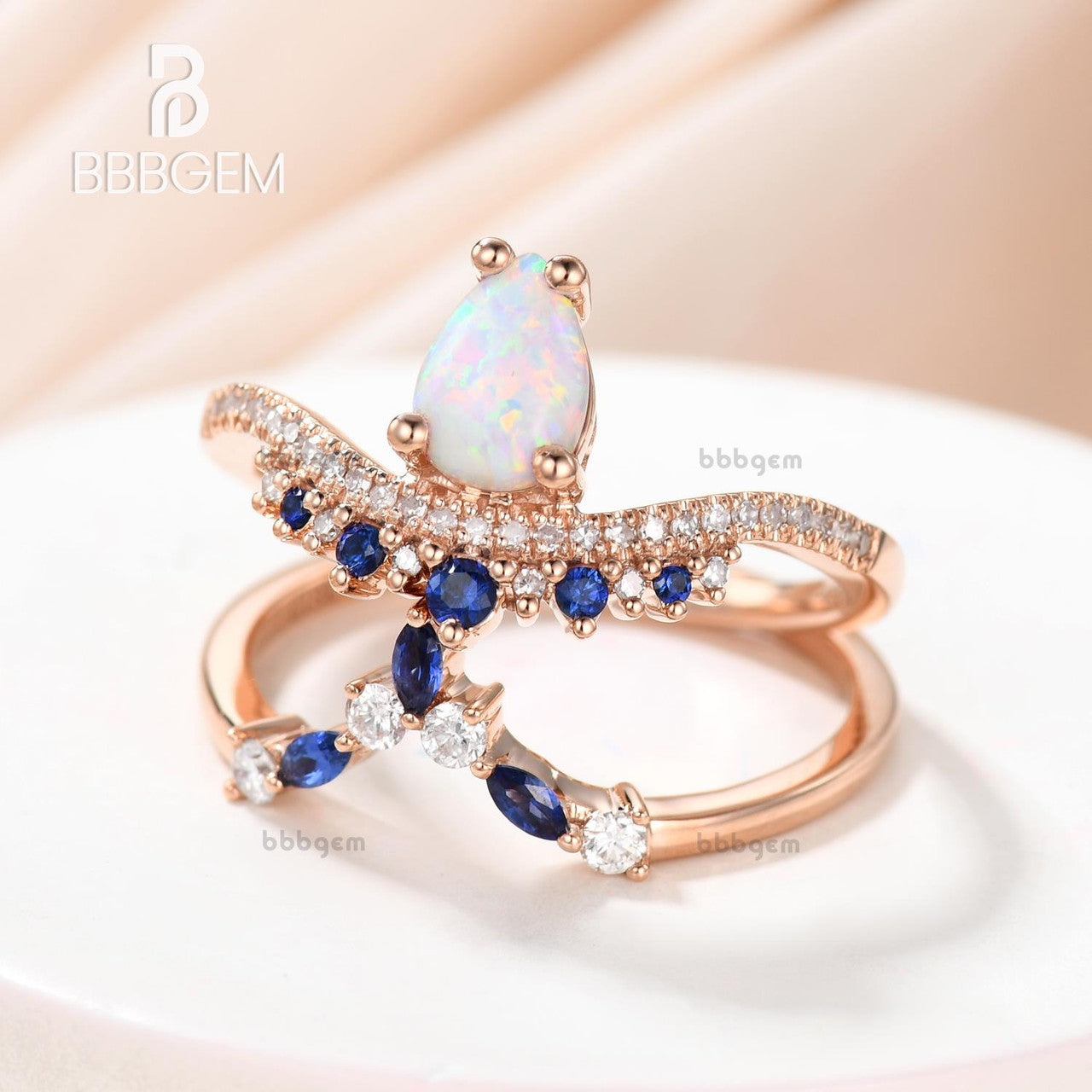Pear Shaped Opal Engagement Ring with Diamond Accents & Blue Sapphire Wedding Band - Stackable Bridal Set for Proposal, Anniversary & Special Occasions