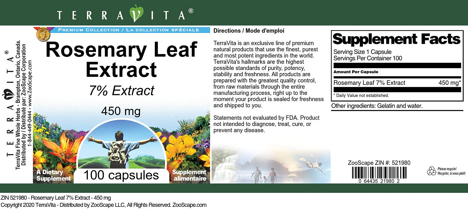 Rosemary Leaf 7% Extract - 450mg (100 Capsules) | 2-Pack Herbal Supplement for Memory & Focus | Supports Brain Health & Antioxidant Benefits | Perfect for Study, Work & Daily Wellness