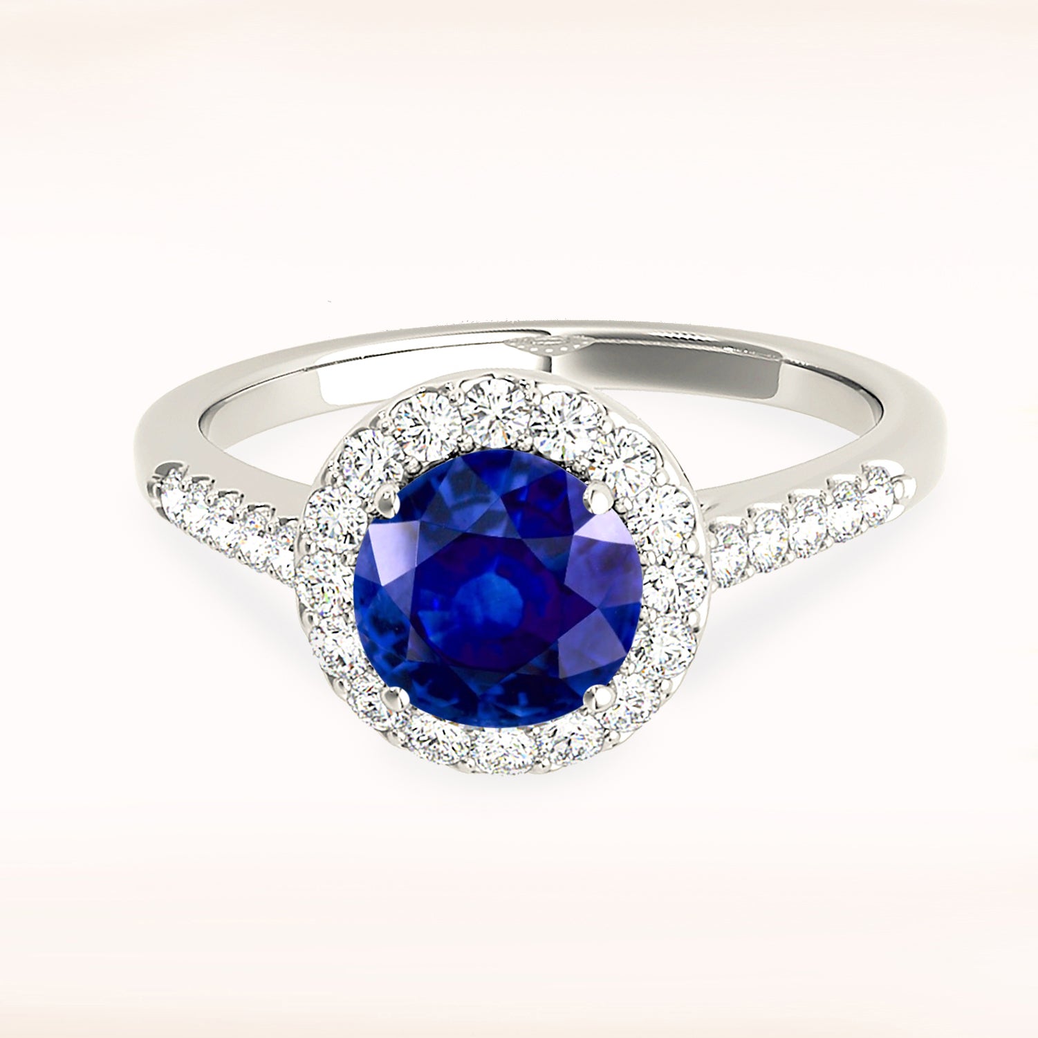 1.35 Carat Genuine Blue Sapphire Halo Ring with Side Diamonds - Elegant Engagement, Wedding & Anniversary Jewelry Gift for Women