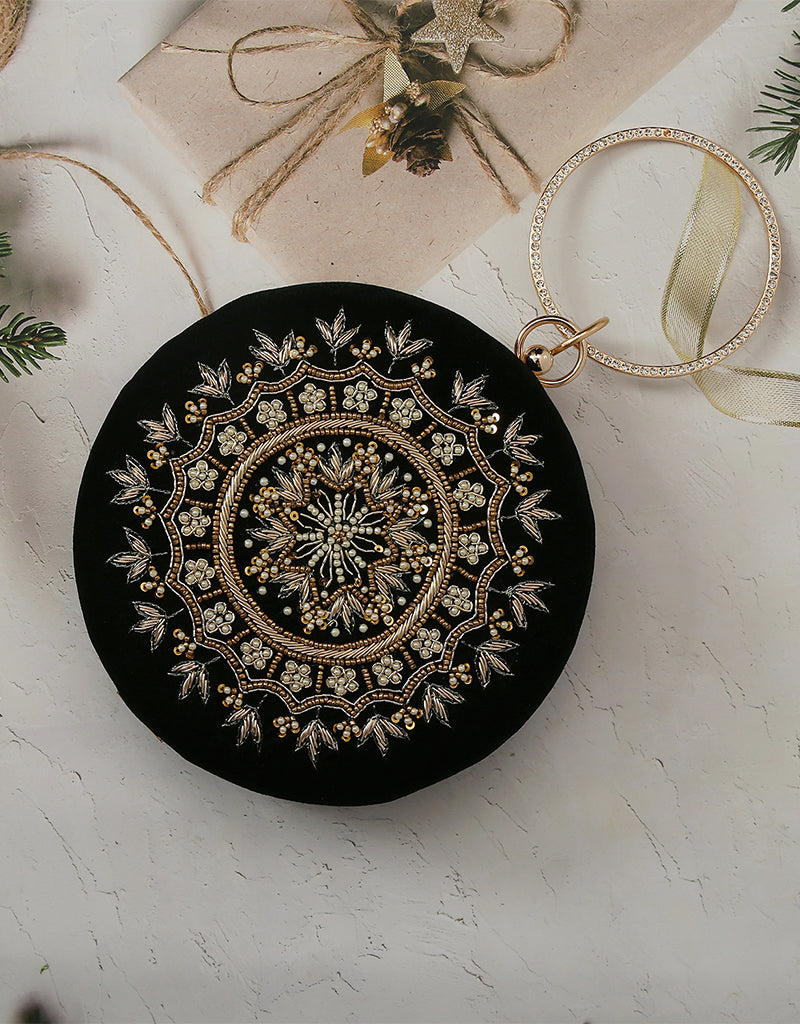 Elegant Black Designer Embroidery Clutch Purse for Women - Luxury Evening Bag for Parties, Weddings & Special Occasions