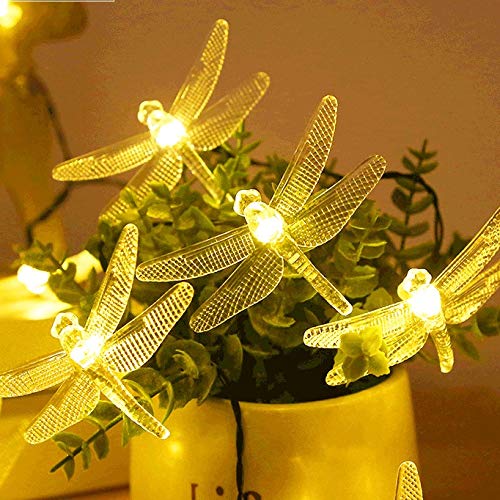 30LED Solar Dragonfly String Lights - 21ft Waterproof Outdoor Fairy Lights with 8 Lighting Modes | Warm White Garden Stake Lights for Patio, Fence, Trees & Christmas Decor | Perfect for Backyard, Wedding, Party & Landscape Lighting