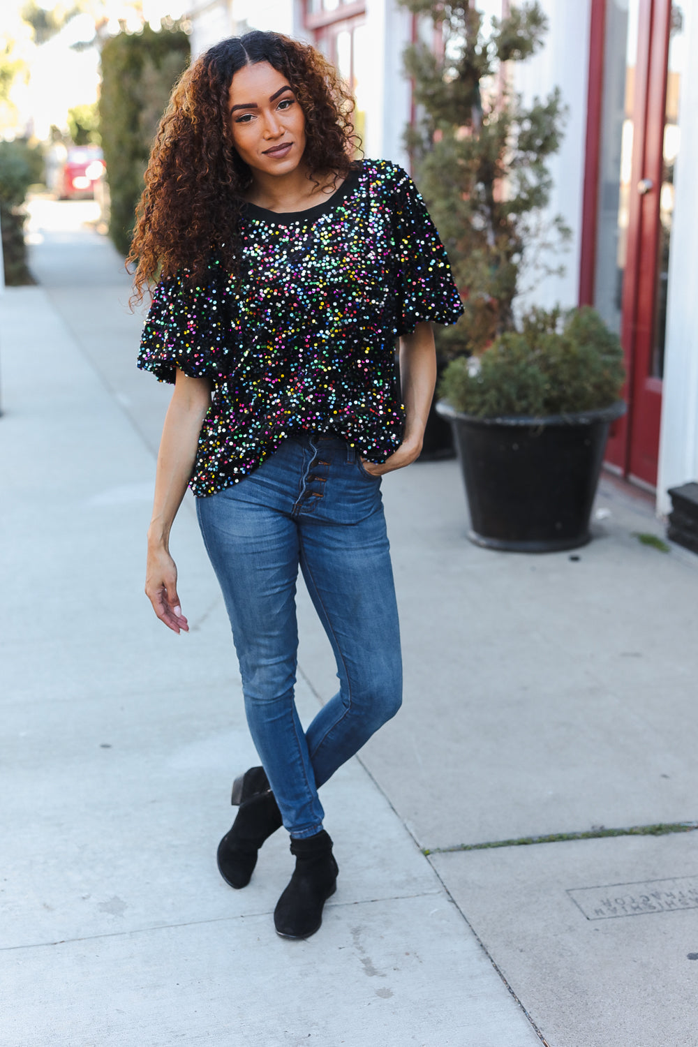 Black Velvet Multicolor Sequin Puff Sleeve Top for Women | Holiday Party & Christmas Outfit | Perfect for Festive Gatherings, NYE Celebrations & Special Occasions