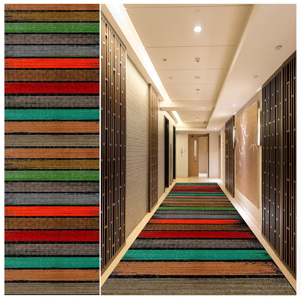 WTHYGB Non-Slip Runner Rug 2.3' x 10' - Washable Rubber Backing Indoor Carpet for Hallway, Living Room, Kitchen & Bedroom - Abstract Colorful Design with Brown Accents - Perfect for High Traffic Areas & Home Decor