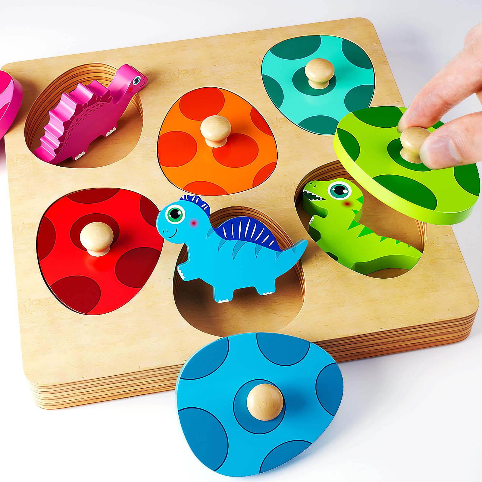 Montessori Wooden Puzzles for Toddlers 1-3 - Dinosaur Matching Eggs Learning Toys for Preschool & Birthday Gifts