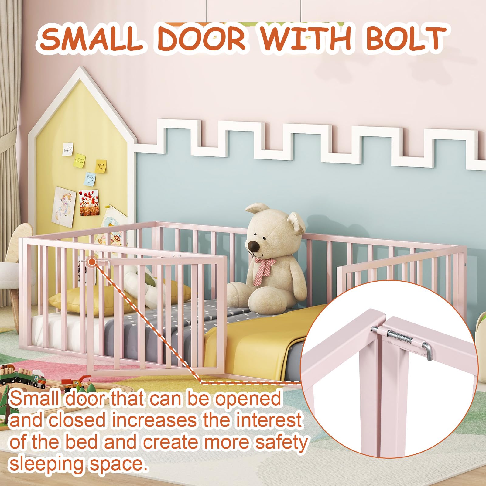 Montessori Twin Floor Bed with Safety Fence & Door - Metal Frame Kids Platform Bed with Rails for Boys & Girls - Perfect for Toddler Rooms & Play Areas