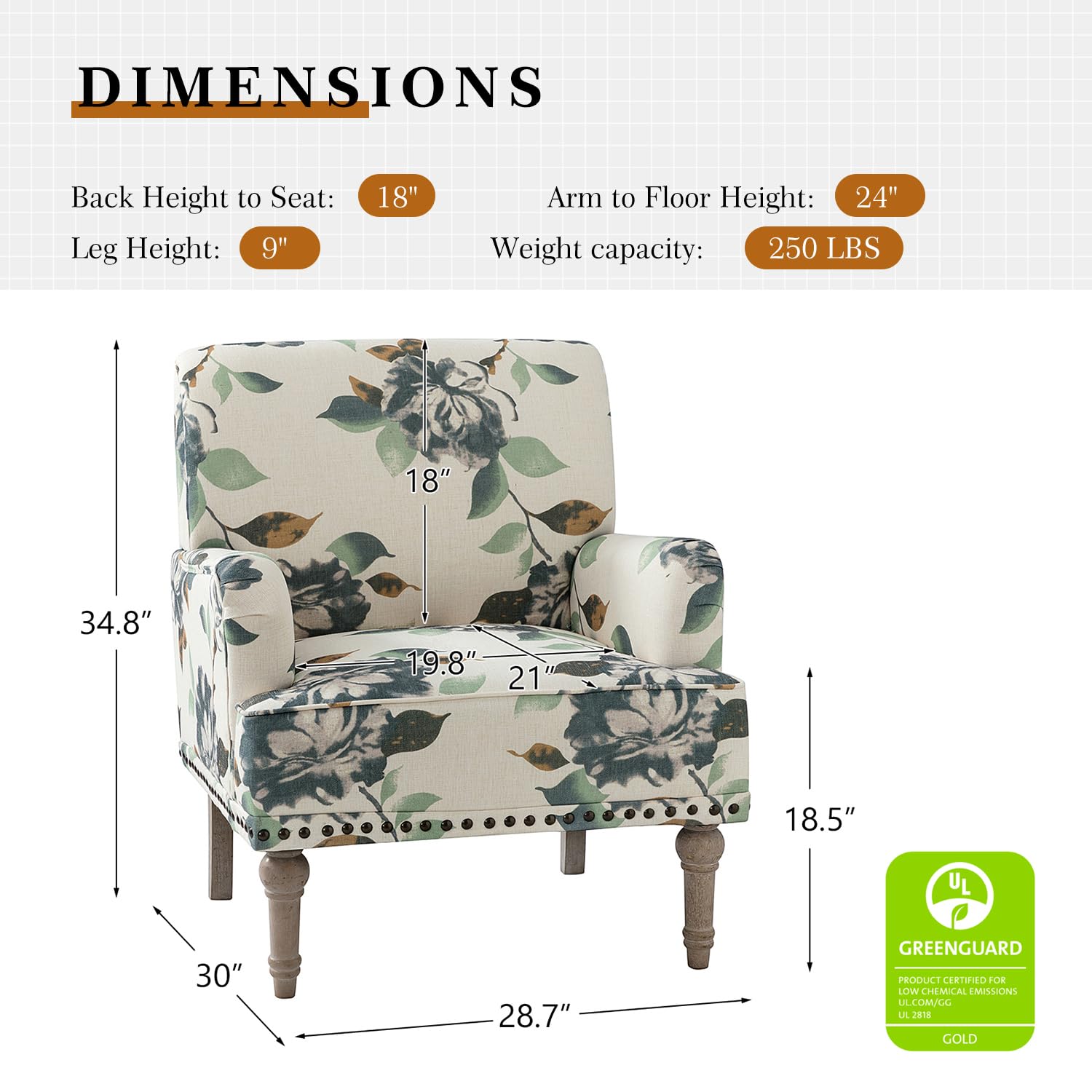 HULALA HOME Modern Armchairs Set of 2 - Wooden Legs & Nailhead Trim Upholstered Accent Chairs, Floral Pattern Living Room Bedroom Furniture for Home Decor (Harbor) - Perfect for Reading Nook, Lounge Area or Guest Seating