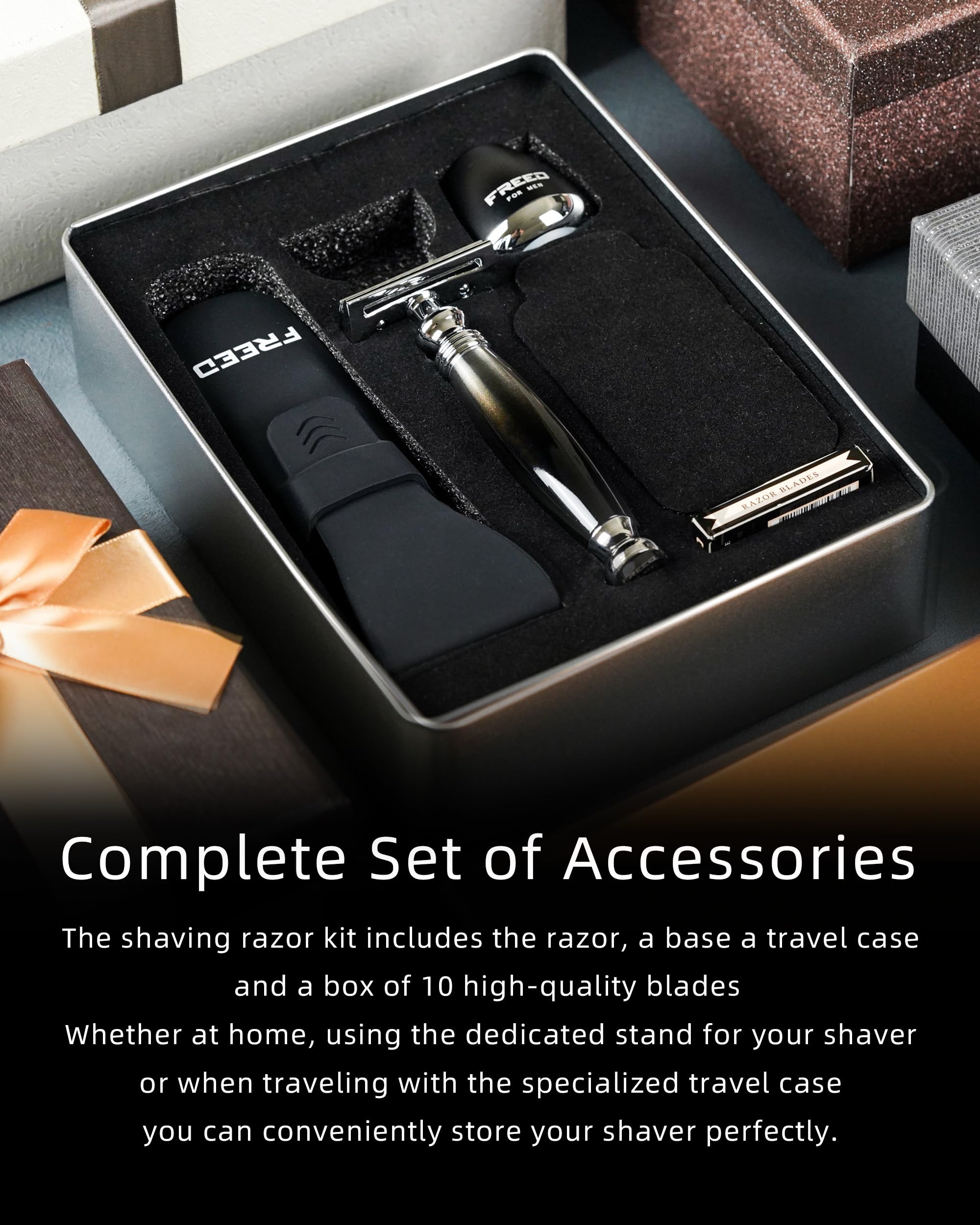 Premium Personalized Shaving Kit for Men - Metal Safety Razor with Engraved Handle, Stand, Travel Case & 10 Blades - Ideal Gift for Father's Day, Birthday & Anniversary - Home & Travel Grooming Essential