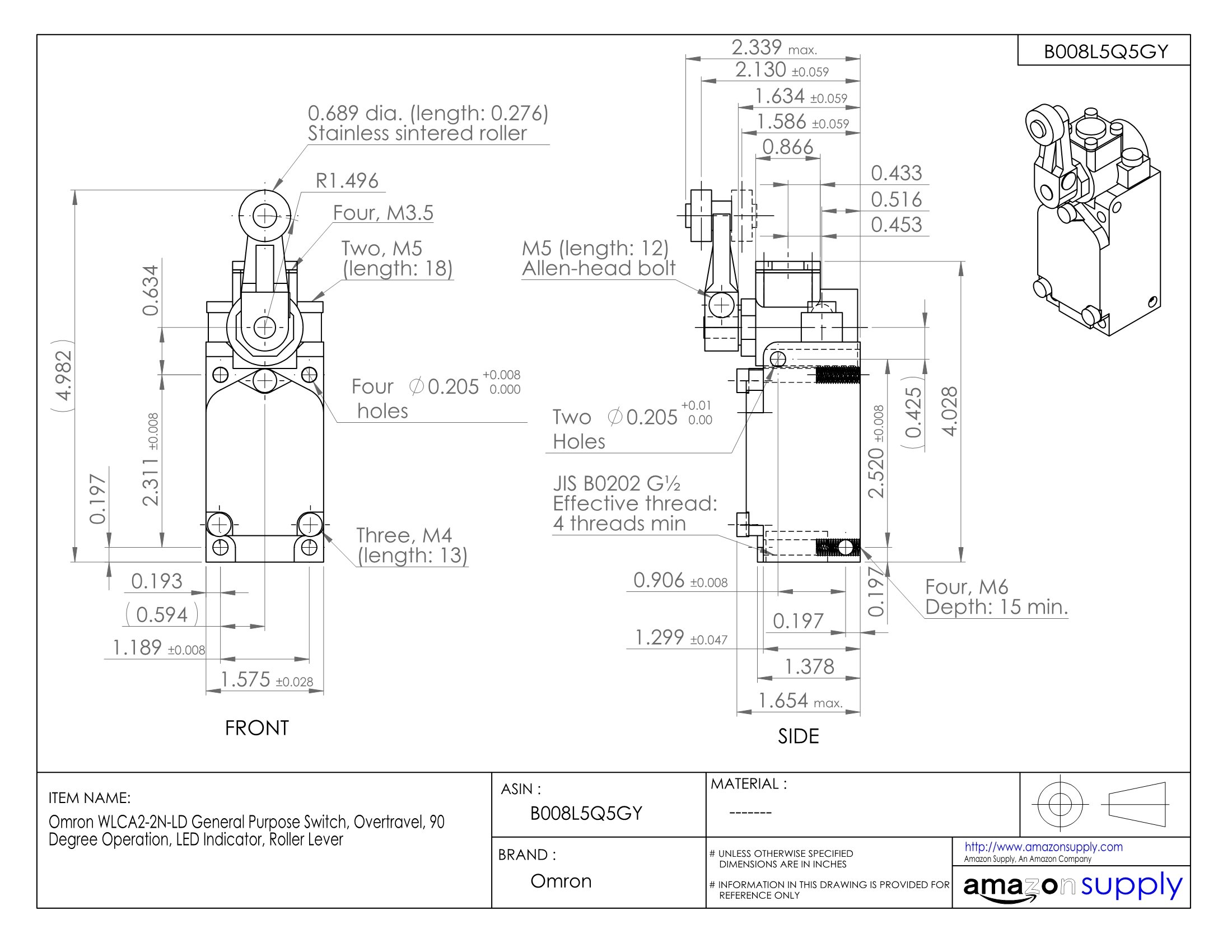 Omron WLCA2-2N-LD General Purpose Switch with Overtravel Protection, 90 Degree Operation & LED Indicator - Roller Lever Actuator for Industrial Automation and Machinery Control