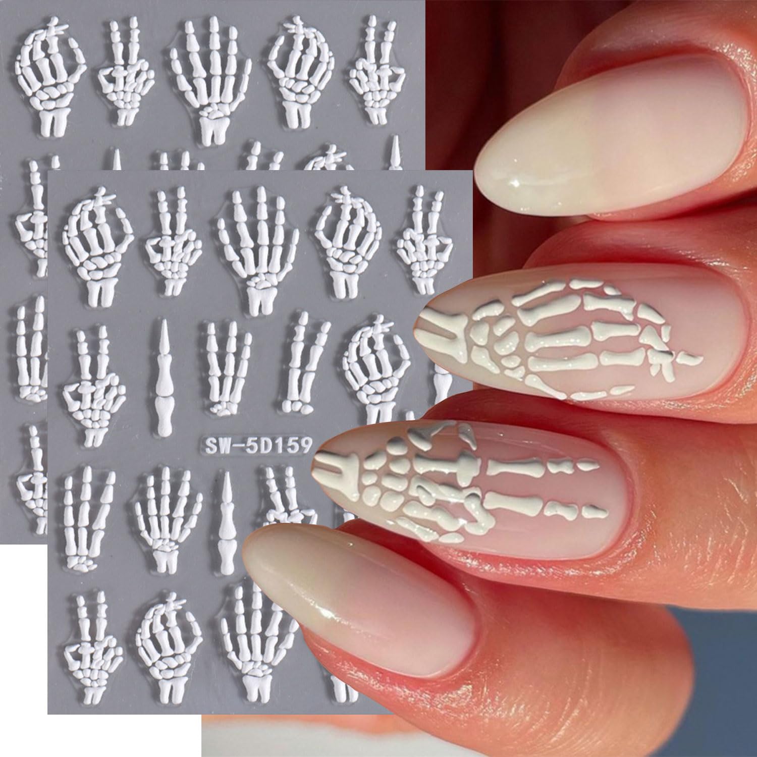 2Pcs Halloween Nail Art Stickers - 5D Embossed Skull & Skeleton Nail Decals with Fantasy Bone Design, White Hand & Finger Bones Nail Stickers for Women - Perfect for Halloween Parties, Costume Nail Art & Spooky Nail Designs