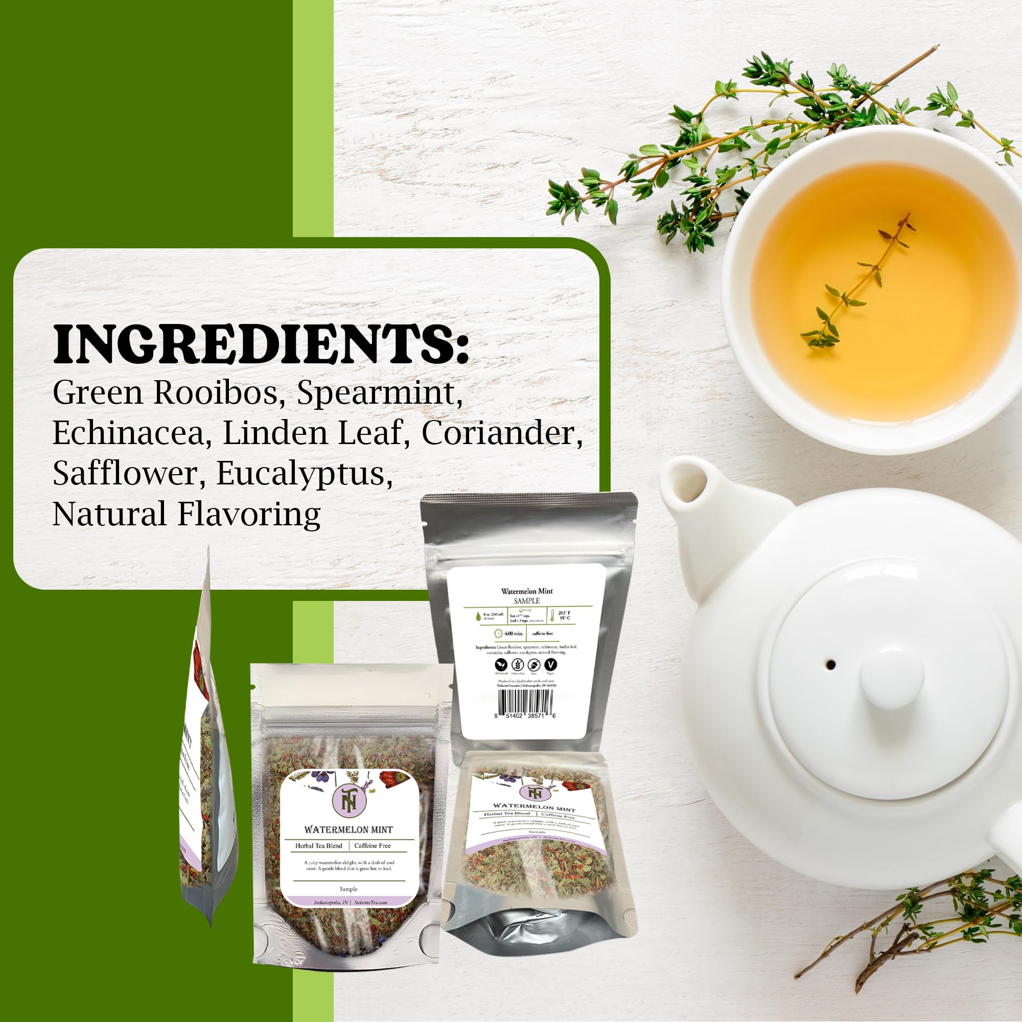 Nelson's Tea Watermelon Mint Loose Leaf Tea - Organic Green Rooibos with Spearmint, Echinacea & Herbal Blend | Caffeine-Free, Antioxidant-Rich | Perfect for Relaxation, Afternoon Tea & Wellness Routines