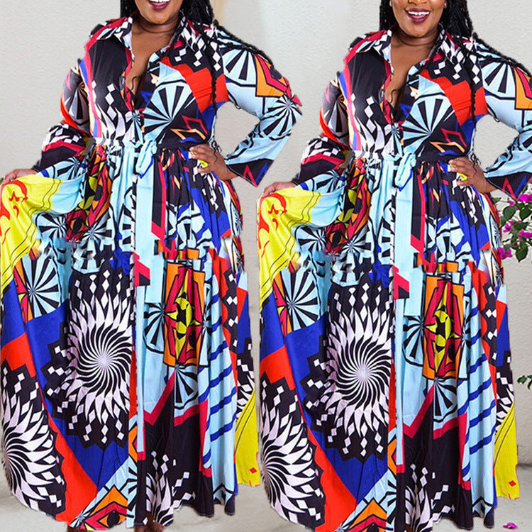 5XL Plus Size African Print Maxi Dress for Women - Long Sleeve Flowy Party & Beach Robe - Elegant Swing Dress for Special Occasions, Weddings, and Vacation Wear