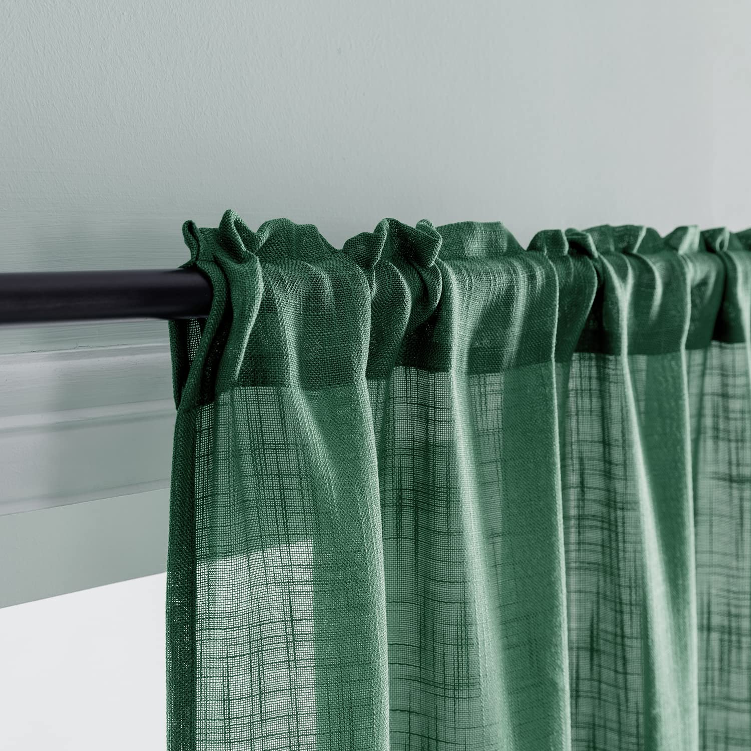SHINELAND Faux Linen Semi Sheer Kitchen Curtains - Set of 2 Panels (48 Inch Length) - Dark Emerald Green Short Window Treatment for Bathroom & Kitchen Decor | Perfect for Small Windows, Cafe Style & Farmhouse Decor