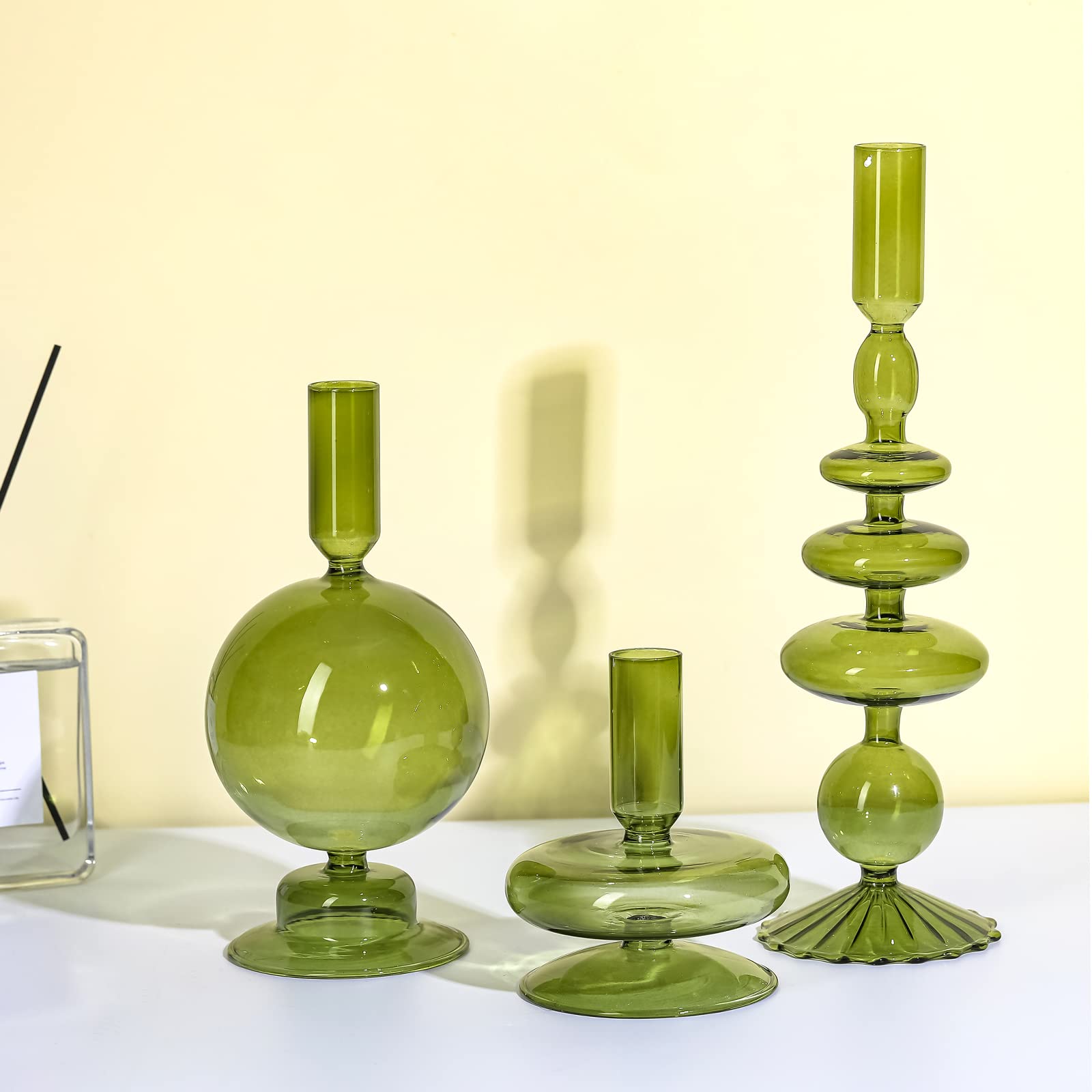 Rtteri 3-Piece Glass Candlestick Holders Set - Elegant Wavy Taper Candle Holders for Home Decor, Wedding Centerpieces & Party Decorations (Green)
