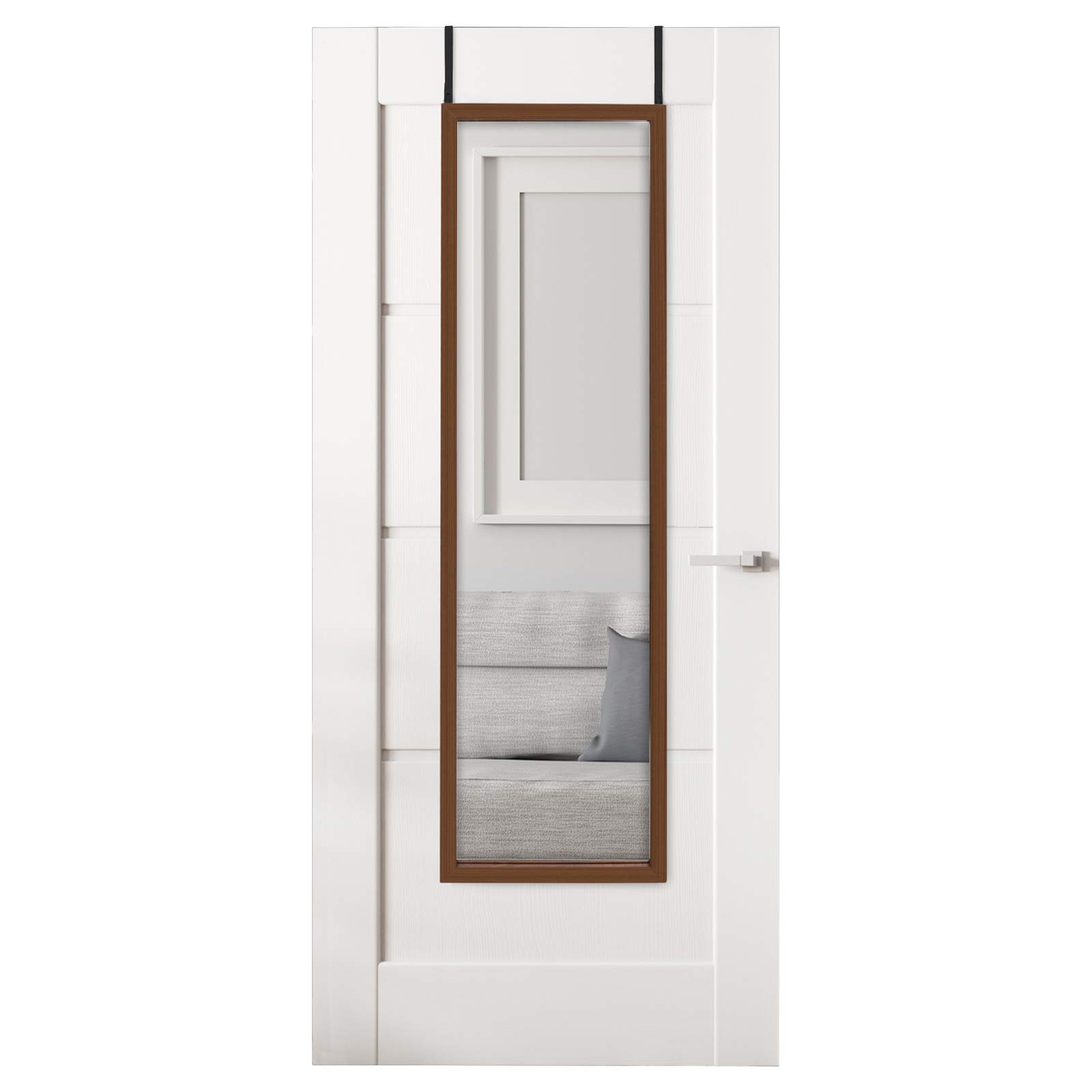 Mirrotek Full Length Over The Door Mirror - 13.7 x 48 Inches Walnut Finish - Space Saving Wall Mirror for Bedroom, Bathroom, Dorm & Closet Organization
