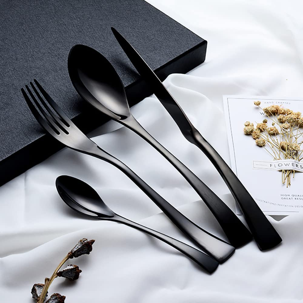 Premium 48-Piece Black Flatware Cutlery Set for 6 - 1810 Stainless Steel Silverware Set with Knives, Forks & Spoons - Modern Kitchen Utensils - Dishwasher Safe - Elegant Dining & Entertaining Essentials