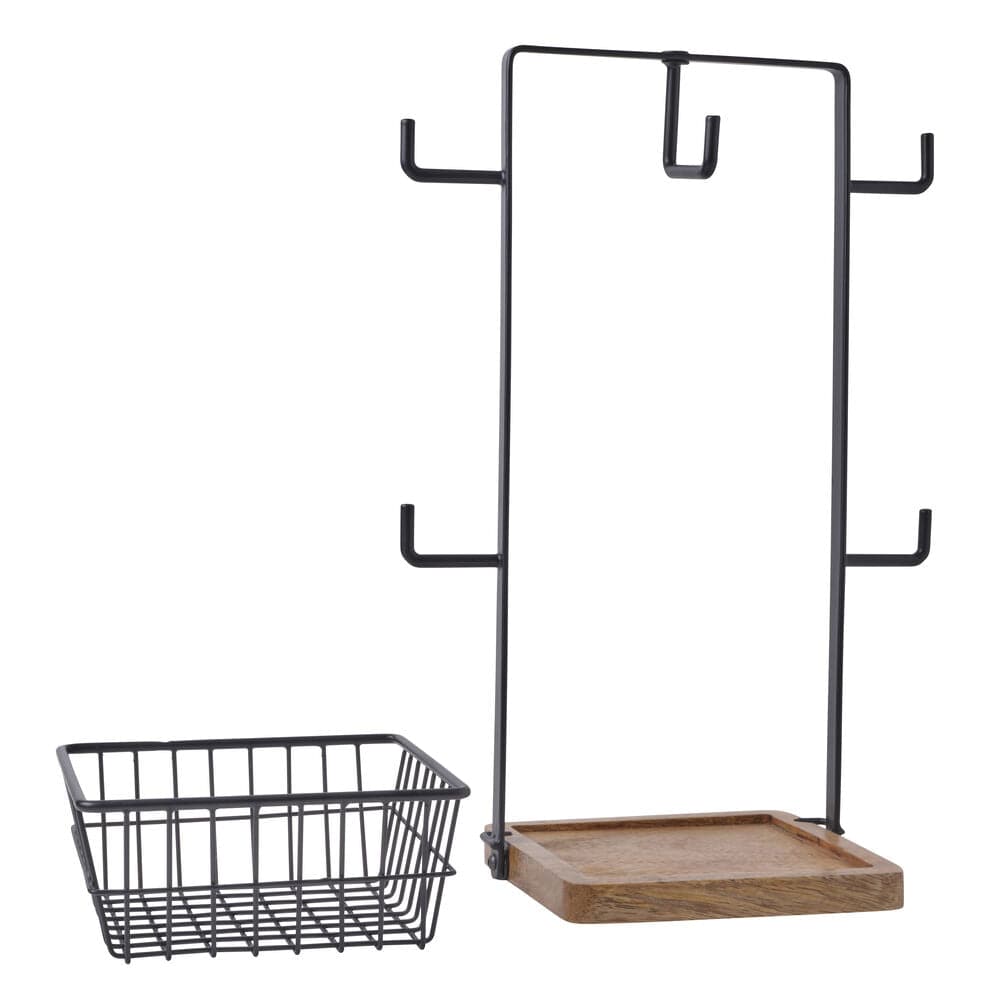Stella Mug Tree with Storage Basket - Rustic Wooden Cup Holder for Coffee Mugs & Tea Cups - Kitchen Countertop Organizer for Small Spaces
