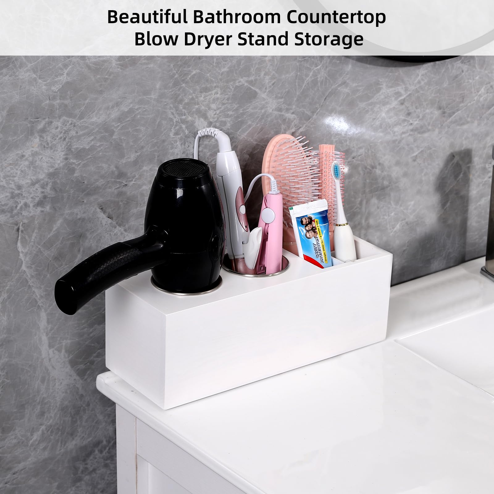 Premium Cedar Wood Hair Dryer Holder & Organizer - Wall Mount, Countertop & Cabinet Door Blow Dryer Storage with Curling Iron Stand (White) | Perfect for Bathroom, Salon & Home Organization