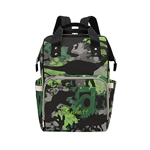 Waterproof Camo Cool Dinosaurs Black Diaper Backpack - Baby Nappy Nursing Bag with Name Tag for Women, Perfect for Travel, Daycare & Outdoor Adventures