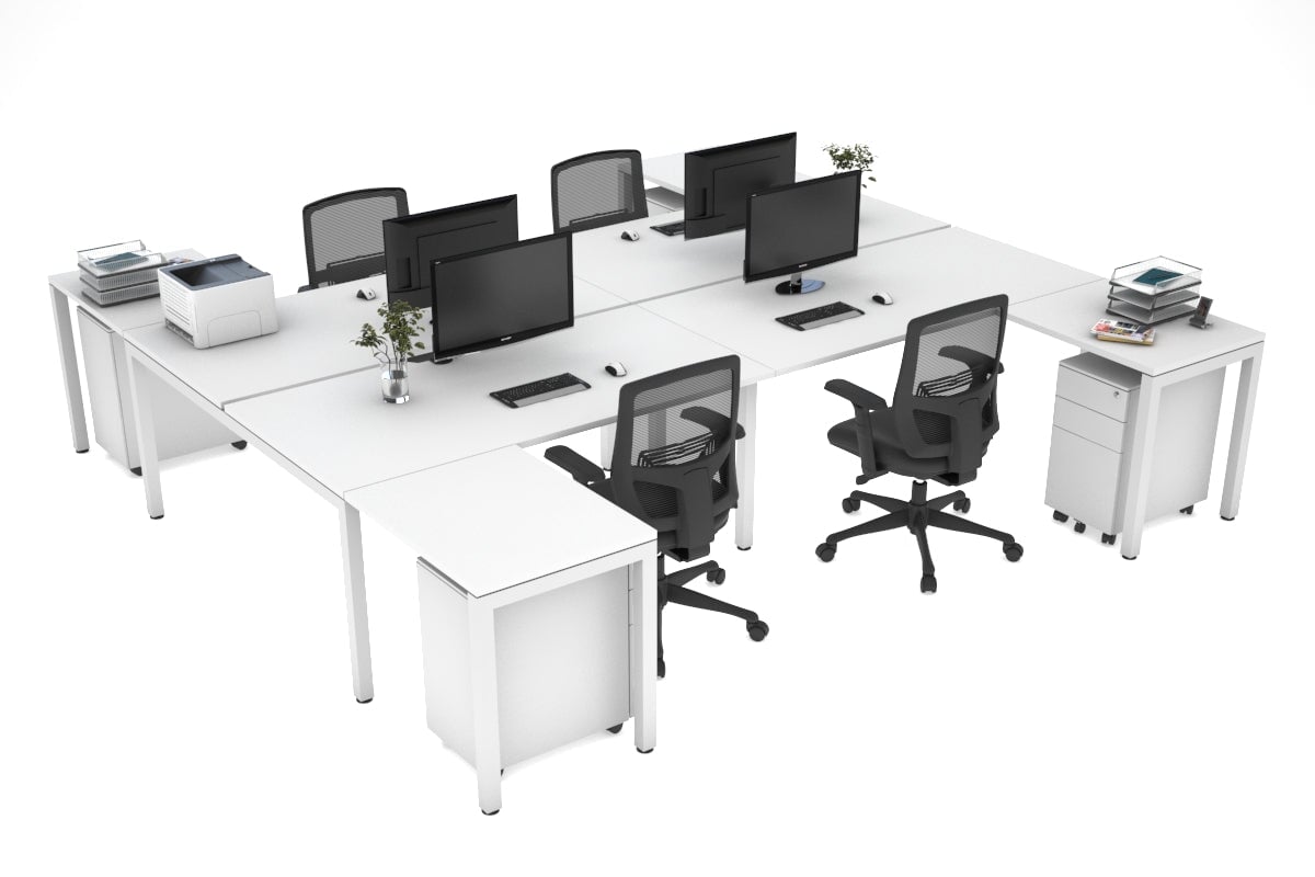 Quadro 4-Person Corner Workstation with Square Legs - H Configuration, White Frame (1600L x 1800W) - Office Desk with Cable Management Scallop for Collaborative Workspaces & Team Environments