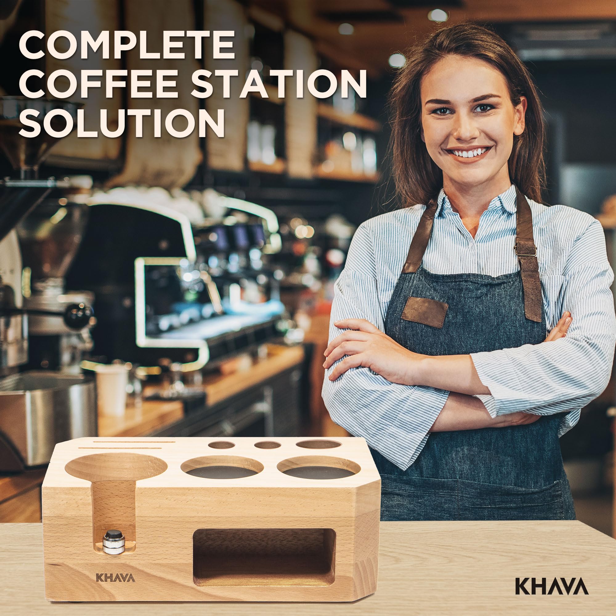 KHAVA Wooden Espresso Tamping Station 58mm - Coffee Bar Organizer for Countertop & Portafilter Holder