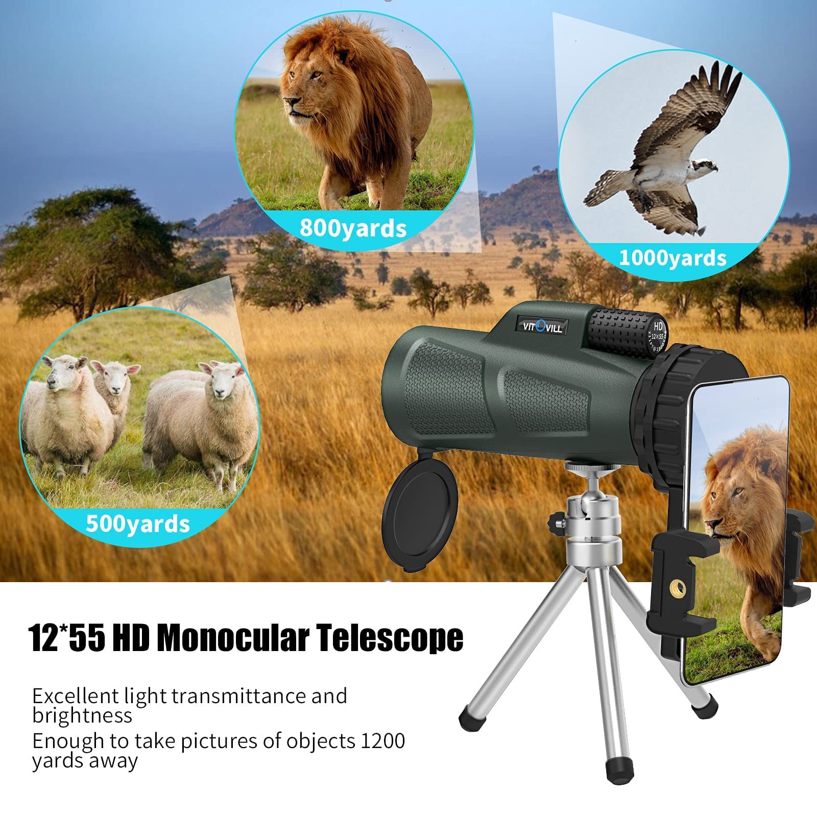 12x55 High Power Monocular Telescope for Adults - HD Zoom with Smartphone Adapter & Tripod, Waterproof & Fogproof, Lightweight for Hiking, Bird Watching, Hunting, Travel and Stargazing - Perfect Gift for Outdoor Enthusiasts