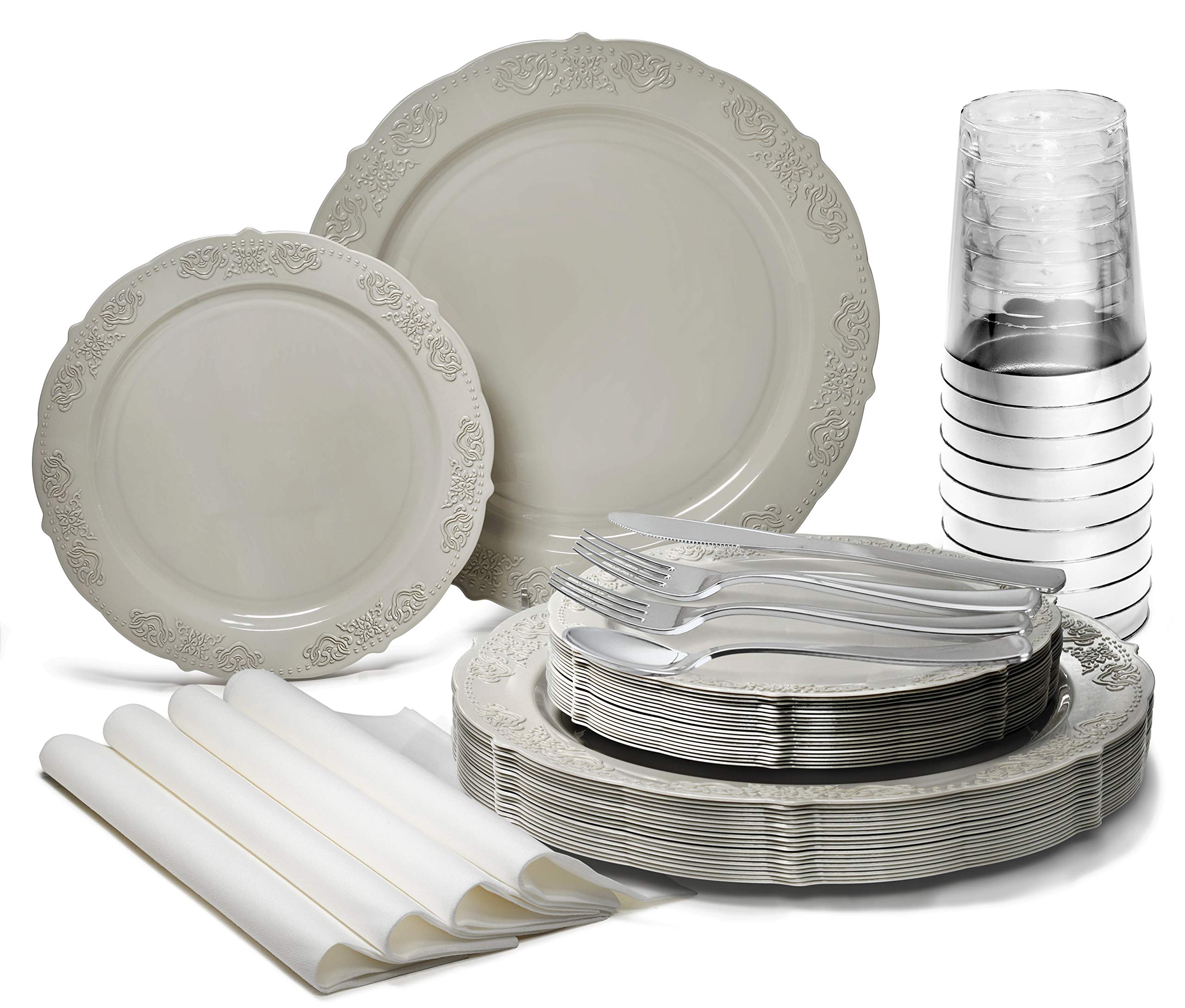 640-Piece Vintage Wedding Party Disposable Plastic Plates & Cutlery Set (80 Guests) - Includes 80 x 10.25'' Plates, 80 x 7.5'' Plates, Silverware, Cups & Napkins - Portofino Warm Gray - Perfect for Weddings, Bridal Showers & Elegant Events