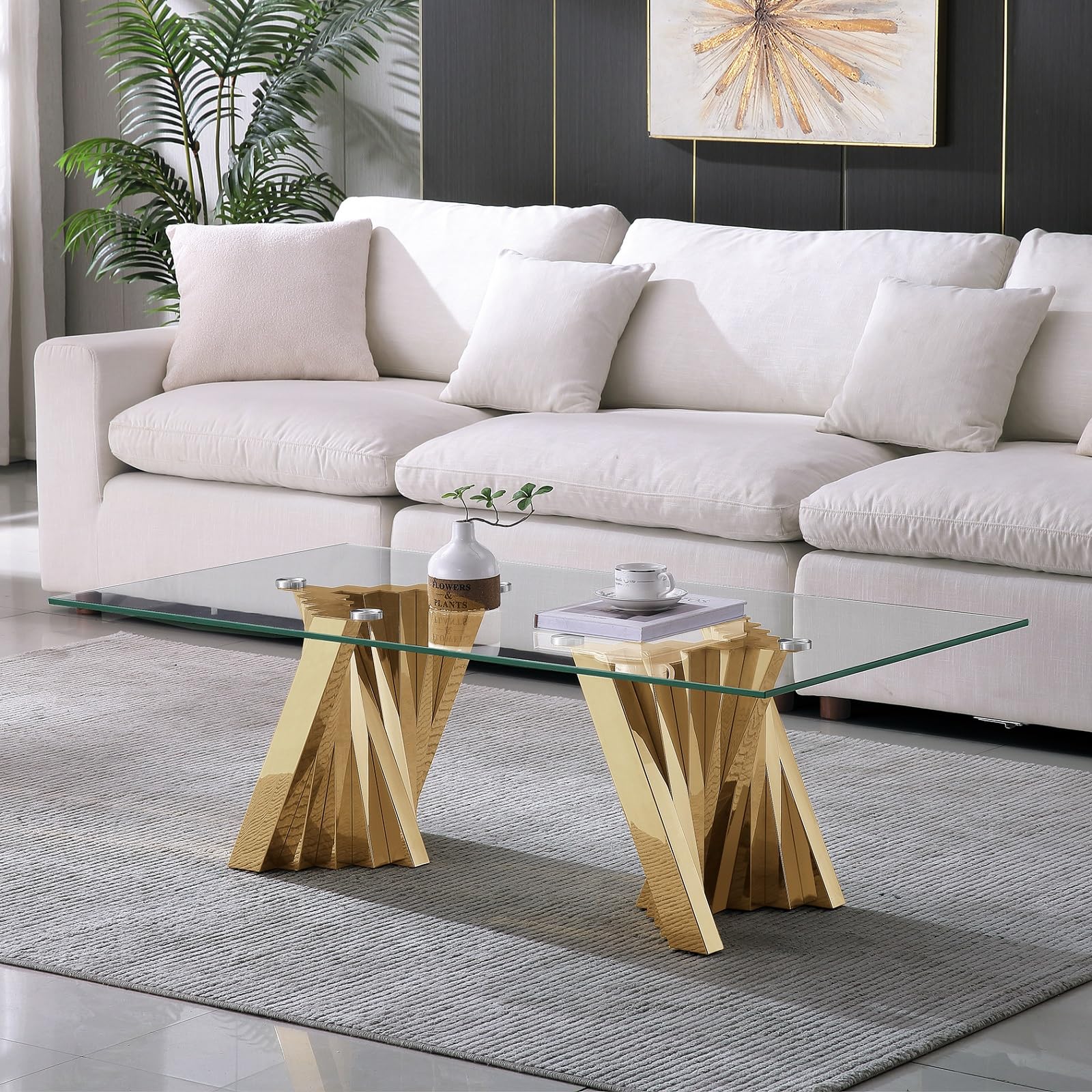 Premium 51in Rectangle Coffee Table Set with Tempered Glass Top & Gold Steel Base - Modern Living Room, Office, or Cafe Center Table for Cocktail Parties & Home Decor