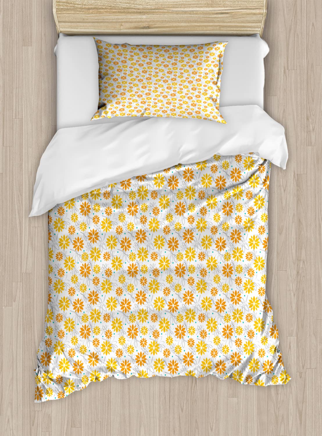 Ambesonne Orange and Yellow Floral Duvet Cover Set with Polka Dots - 2 Pack King Size Bedding Set Includes 2 Duvet Covers & 4 Pillowcases - Vibrant White and Orange Bohemian Style for Bedroom Decor