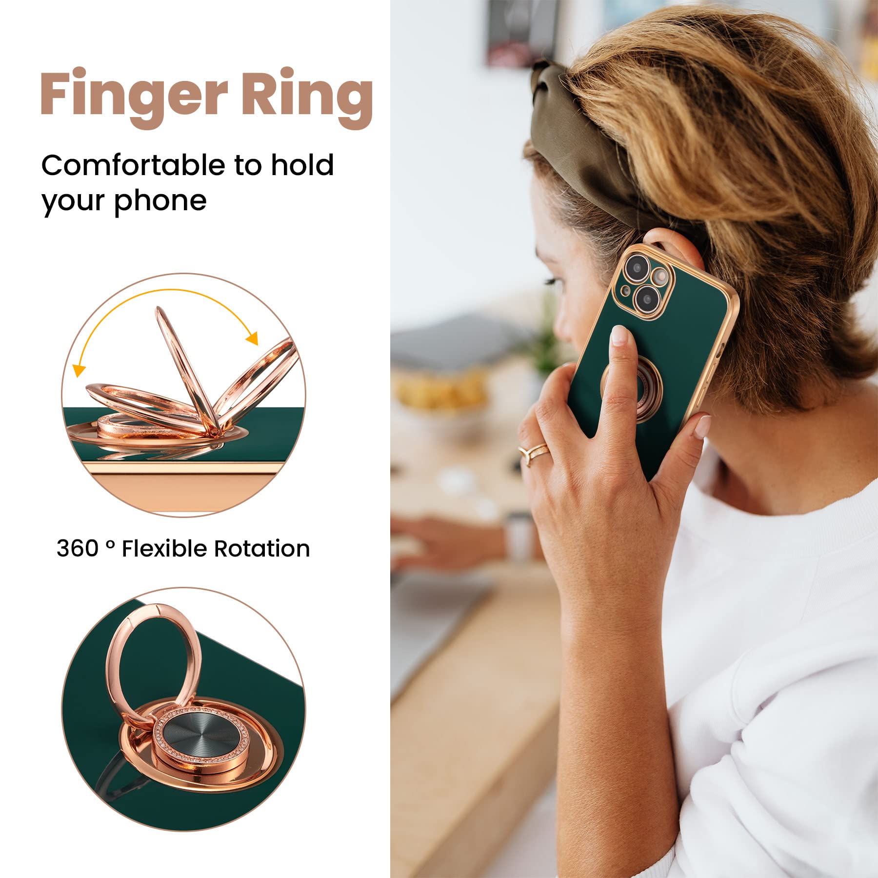 Premium TPU iPhone 14 Case with Ring Stand & Gold Trim - Shockproof Protective Cover for iPhone 14 (6.1 Inch) in Green | Perfect for Hands-Free Viewing, Secure Grip & Everyday Protection