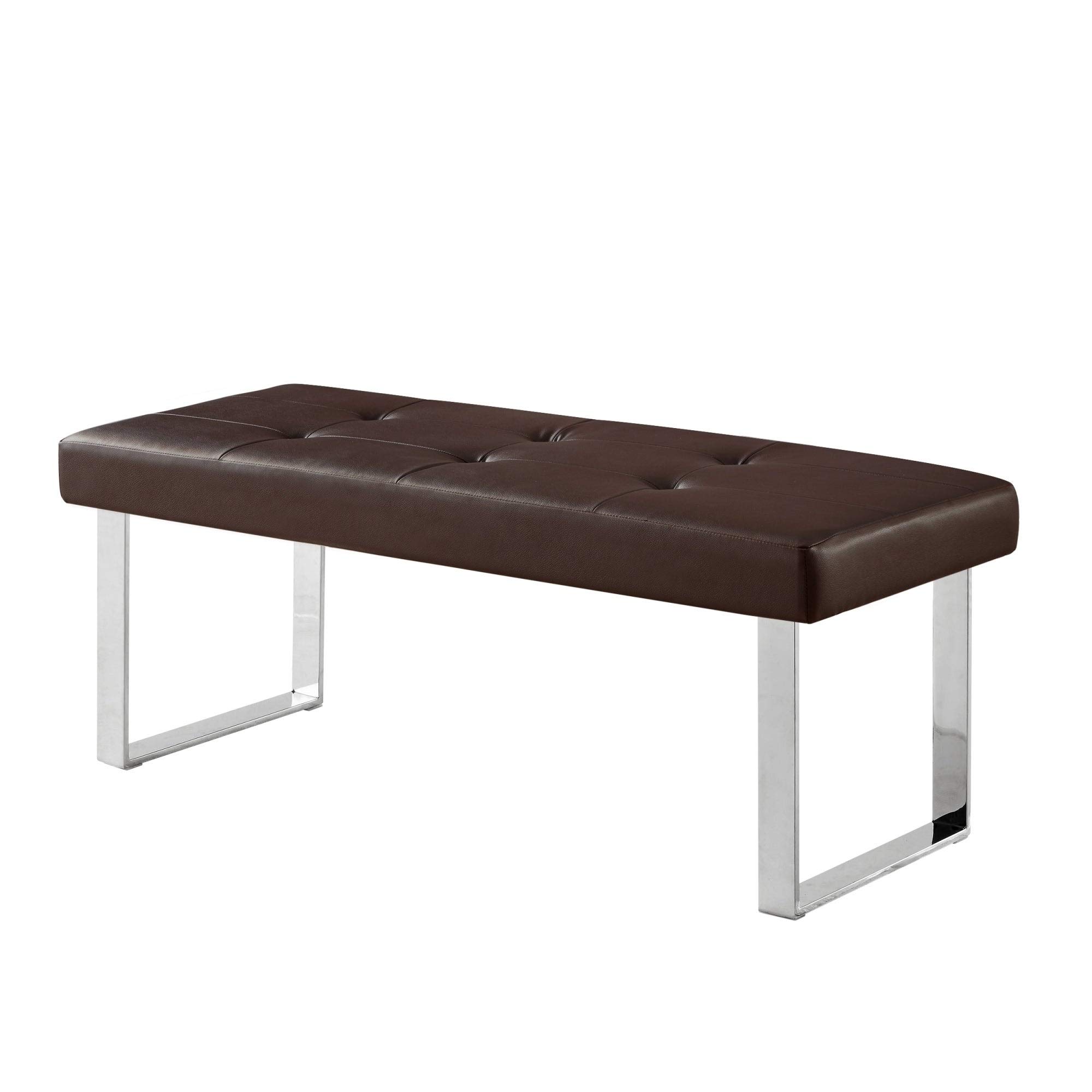 Gene PU Leather Button Tufted Bench with Stainless Steel Legs - Brown Entryway Seating for Living Room, Bedroom & Hallway