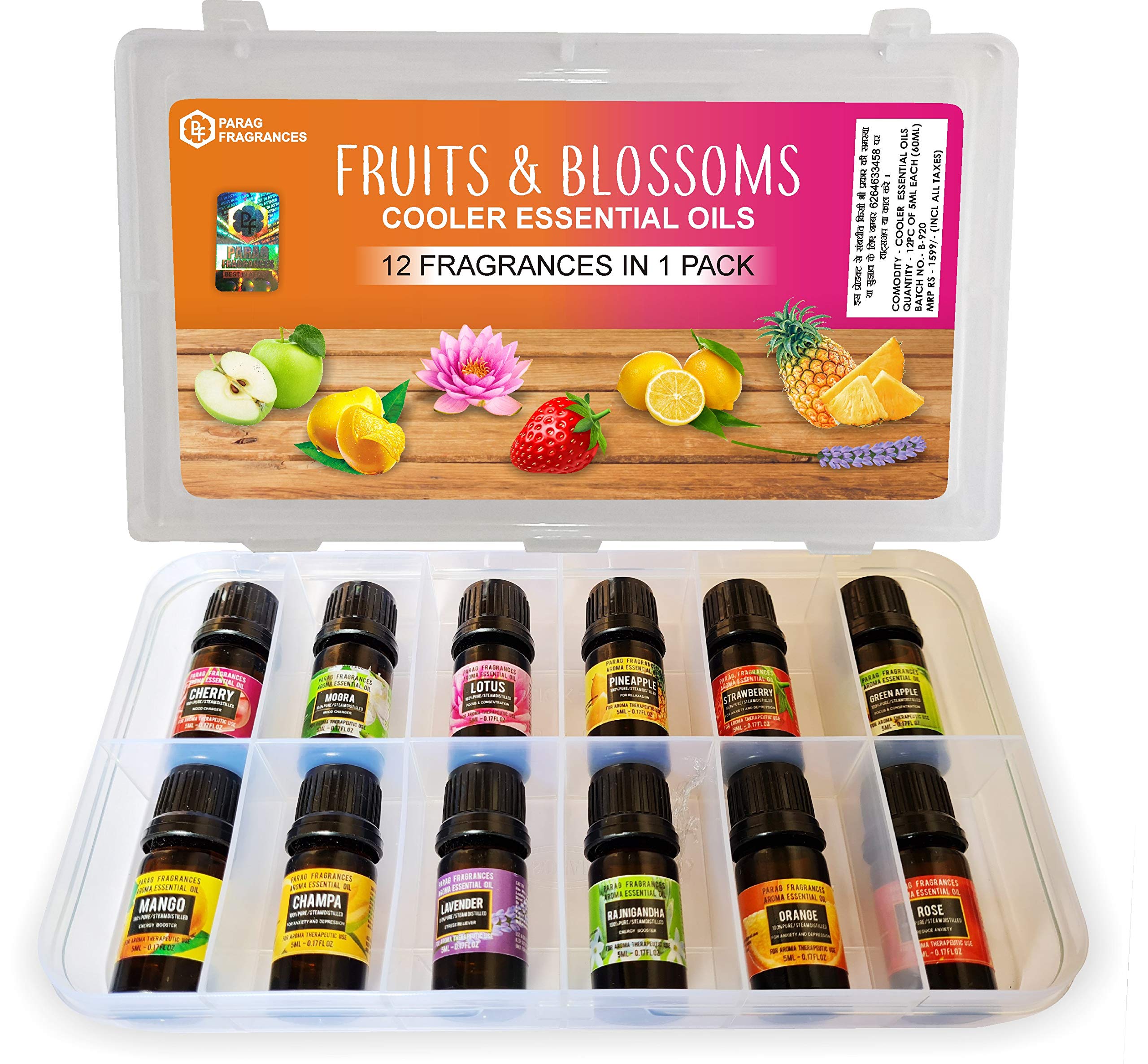 Parag Fragrances 12-in-1 Cooler Perfume & Essential Oil Set - Strawberry, Mango, Orange, Green Apple, Pineapple, Cherry, Rose, Mogra, Lavender, Champa, Rajnigandha & Lotus Scents | Long-Lasting Aromatherapy for Home, Office, Car & Personal Use