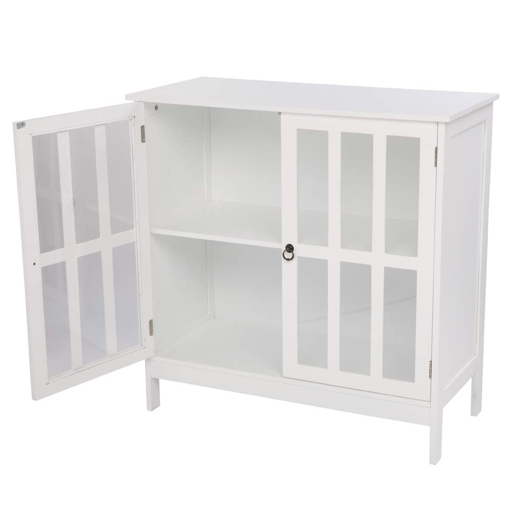 White Wooden Storage Sideboard Buffet with Transparent Double Glass Doors - Kitchen, Dining Room & Hallway Cabinet for Home Storage & Display