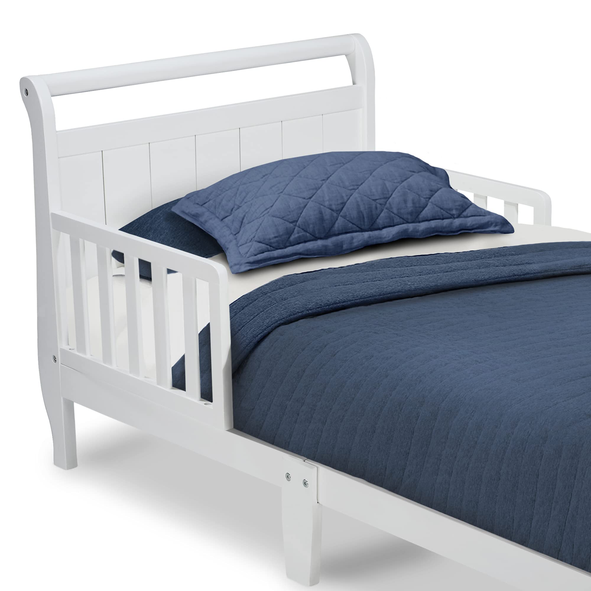 Delta Children White Wood Toddler Sleigh Bed - Convertible Crib for Kids, Safe & Sturdy Nursery Furniture for Baby's First Bed Transition