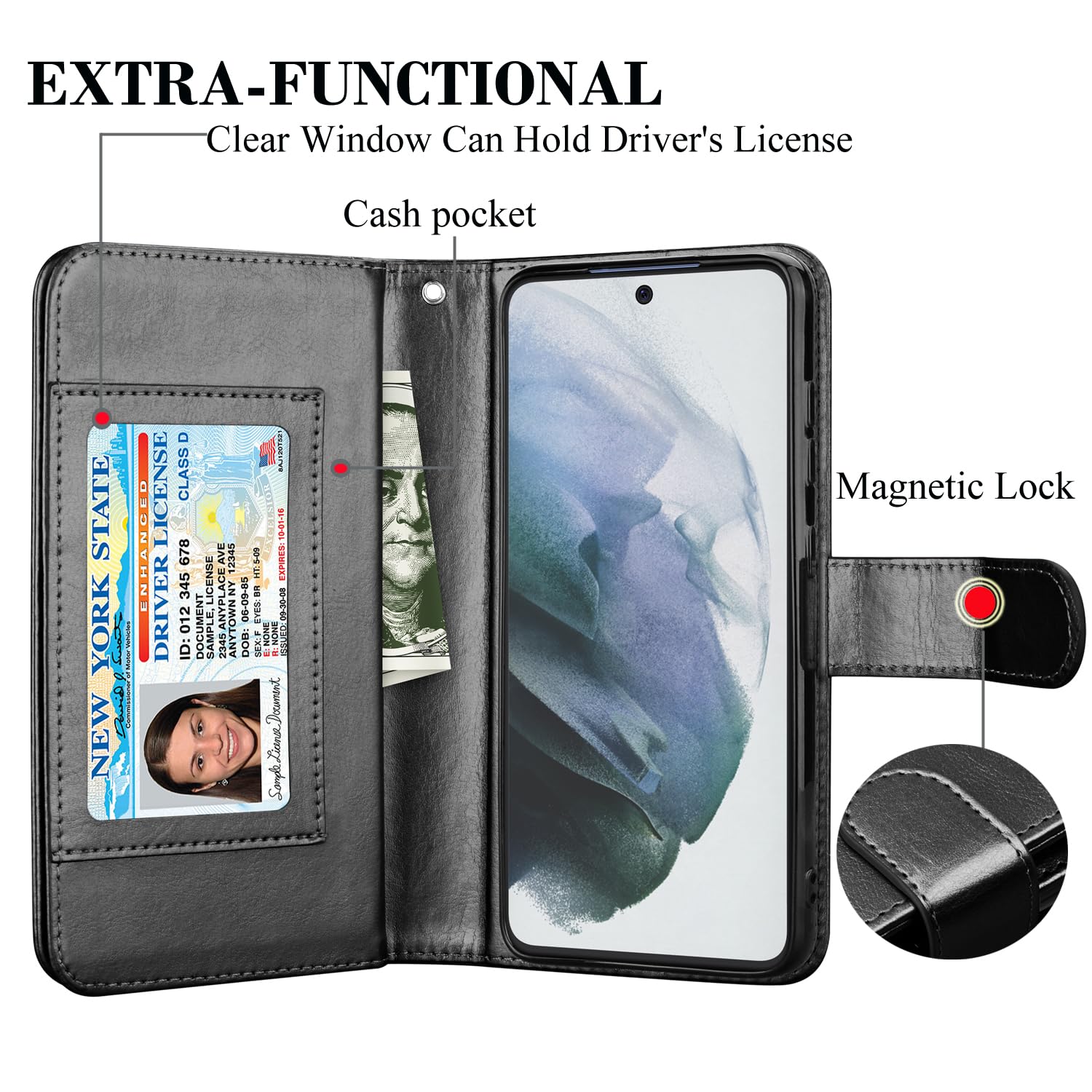 Premium Leather Wallet Case for Samsung Galaxy S21 FE 5G - RFID Blocking Credit Card Holder with 9 Slots, Detachable Magnetic Flip Cover, Built-in Kickstand & Carrying Strap (Black) - Perfect for Travel, Work & Everyday Protection