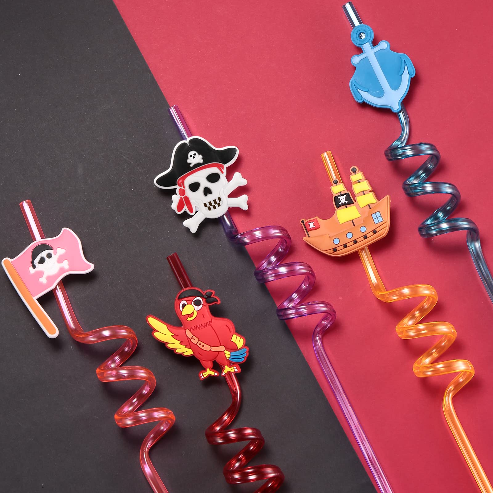 24 Pack Reusable Plastic Pirate Straws for Themed Birthday Parties - Includes 2 Cleaning Brushes - Perfect for Pirate Decorations, Kids' Parties & Halloween Events