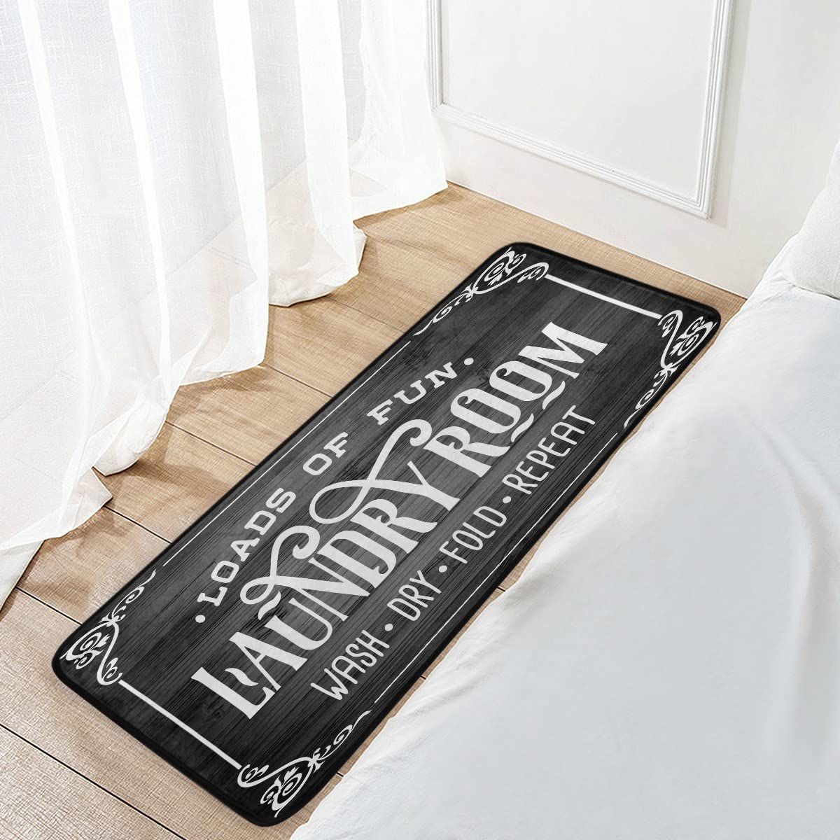 Farmhouse Style Laundry Room Mat - Non-Slip Washable Rug with Dark Wood Background (39x20 Inches) - Perfect for Laundry Room Floor, Mudroom Entryway & Farmhouse Decor
