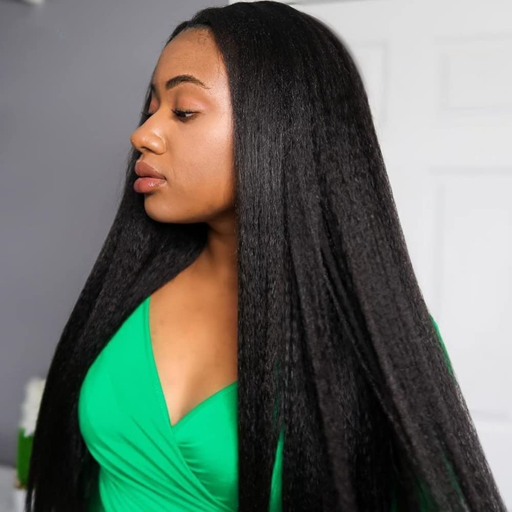 QUINLUX 18 Inch Long Italian Yaki 13x6 Lace Front Human Hair Wig for Black Women - 150% Density Kinky Straight HD Transparent Lace Peruvian Yaki Wig with Pre-Plucked Bleached Knots (Natural Color) | Perfect for Daily Wear, Cosplay, and Special Occasions
