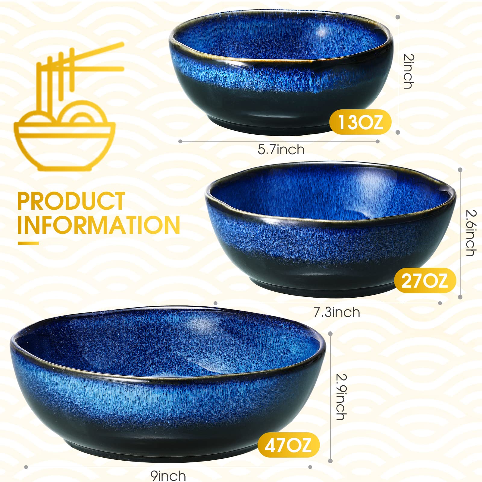 3-Piece Ceramic Salad Bowls Set - Blue Mixing & Serving Bowls for Ramen, Soup, Pasta & Noodles - Microwave & Dishwasher Safe Porcelain Bowls (13oz, 27oz, 47oz) - Perfect for Home Dining, Meal Prep & Nesting Storage