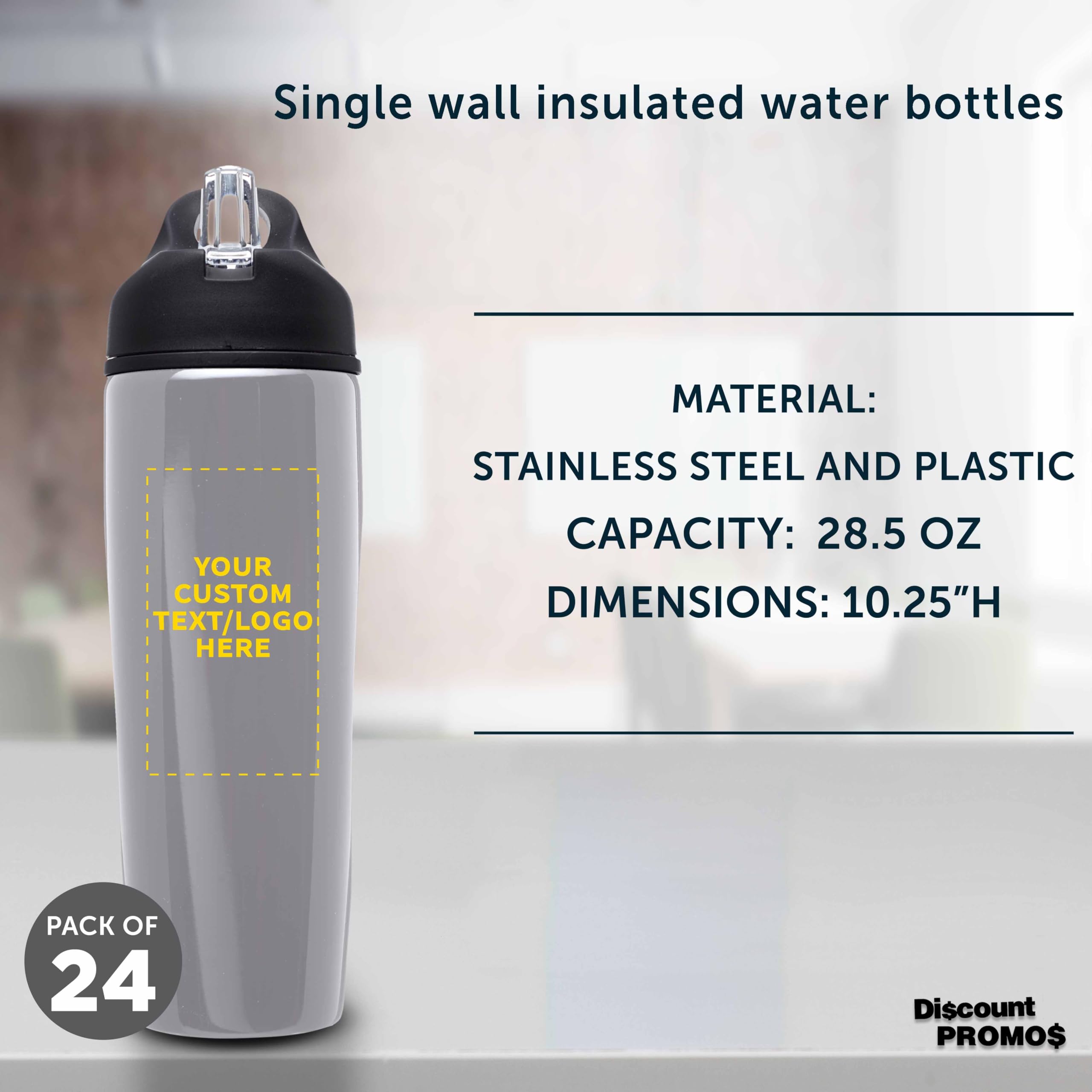 Custom Stainless Steel Water Bottle 24 Pack - Personalized Text & Logo - 28.5 oz Metal Sports Bottles with Flip Top Lid - Easy Carry Handle - Silver - Perfect for Team Sports, Gym, Outdoor Activities & Corporate Gifts