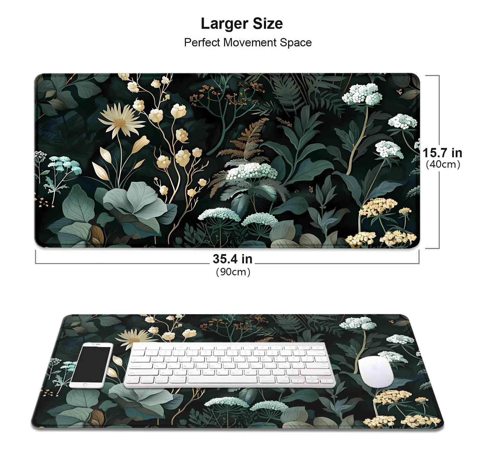 Green Floral XXL Desk Mat - Aesthetic Black Mouse Pad with Plant Design, Large Office Desk Accessory for Work & Gaming - Perfect Gift for Home & Workspace