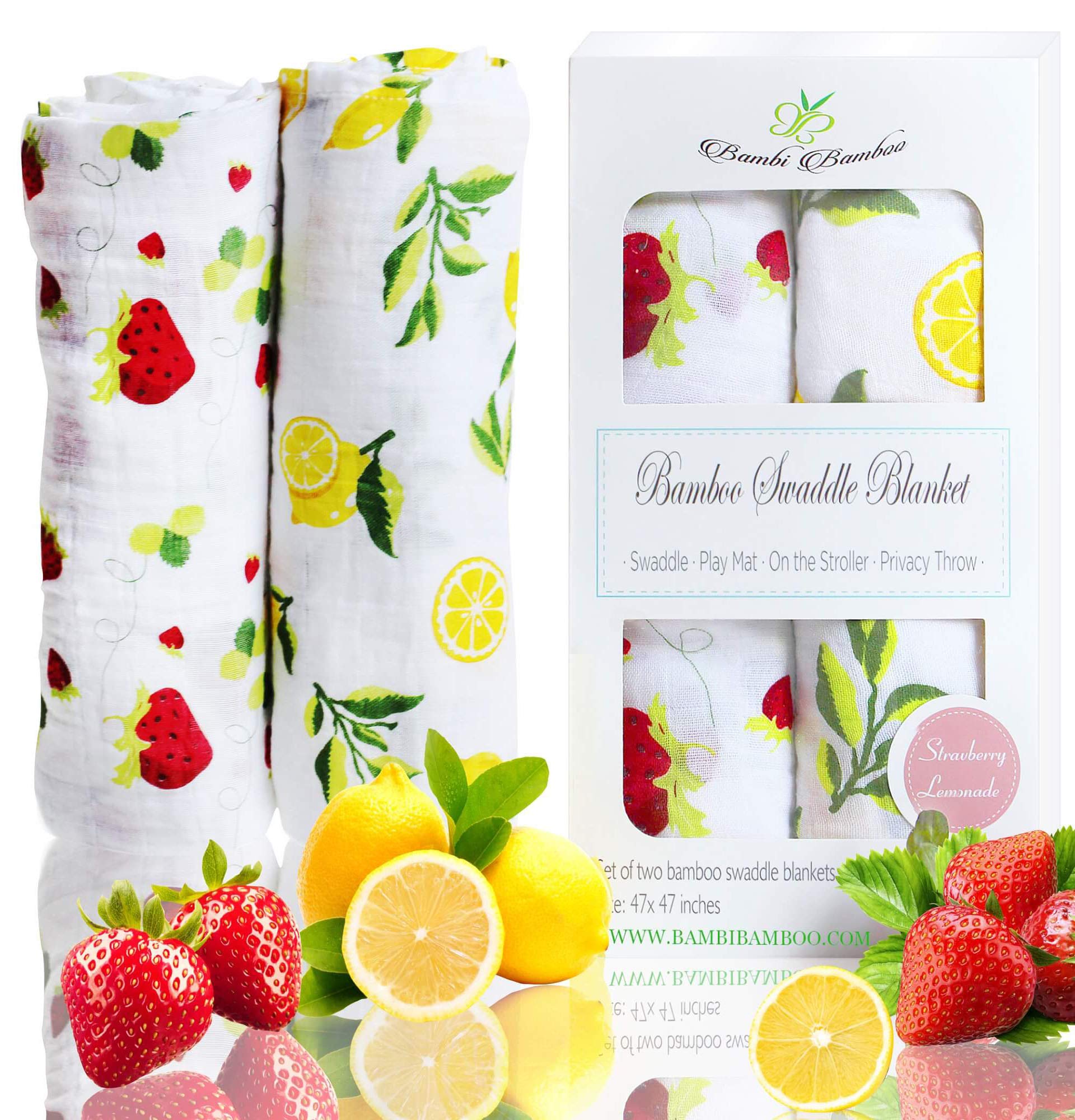 KloudBambu Extra Large Bamboo Muslin Swaddle Blankets - Ultra Soft & Breathable Unisex Baby Receiving Blankets for Newborns, Registry Essentials (Strawberry Lemon) - Perfect for Swaddling, Nursing & Stroller Use