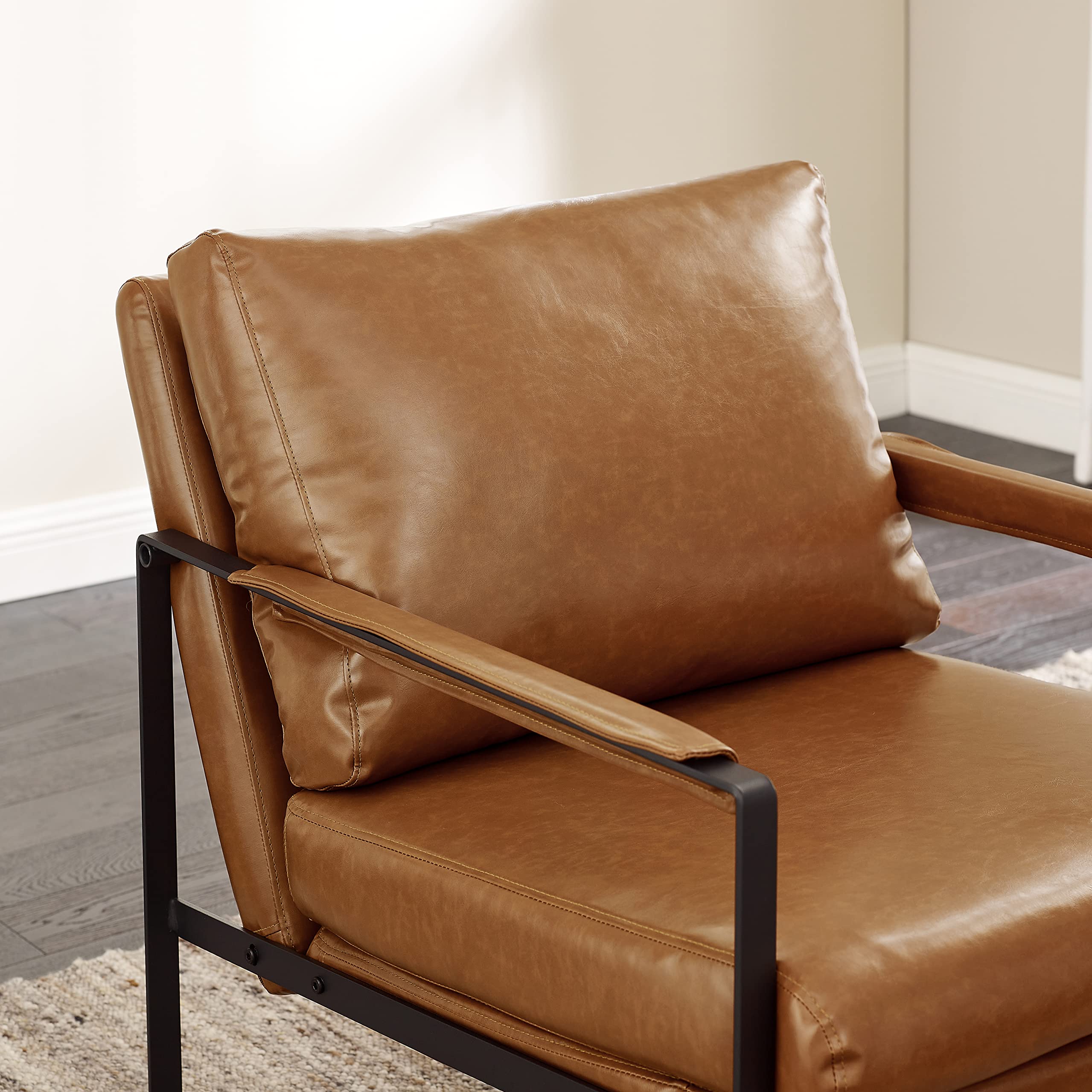 Art Leon Mid Century Modern Accent Chair - Faux Leather Lounge Armchair with Black Metal Legs, Compact Single Seater for Living Room, Bedroom & Small Spaces (Brown) - Perfect for Reading Nooks, Home Offices & Cozy Corners